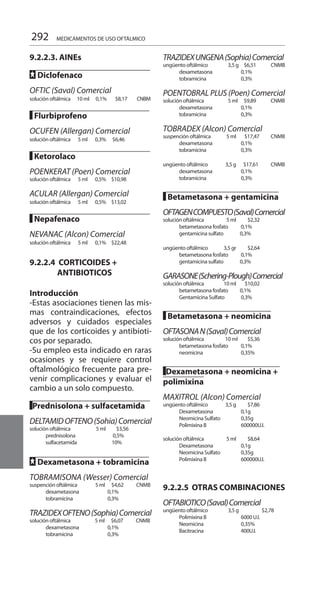 292
9.2.2.3. AINEs
FF Diclofenaco		
OFTIC (Saval) Comercial
solución oftálmica 10 ml	 0,1% $8,17 CNBM
█ Flurbiprofeno		
OCUFEN (Allergan) Comercial
solución oftálmica 5 ml	 0,3% $6,46
█ Ketorolaco		
POENKERAT (Poen) Comercial
solución oftálmica 5 ml	 0,5%	 $10,98
ACULAR (Allergan) Comercial
solución oftálmica 5 ml	 0,5%	 $13,02
█ Nepafenaco		
NEVANAC (Alcon) Comercial
solución oftálmica 5 ml	 0,1% 	 $22,48
9.2.2.4 CORTICOIDES +
ANTIBIOTICOS
Introducción
-Estas asociaciones tienen las mis-
mas contraindicaciones, efectos
adversos y cuidados especiales
que de los corticoides y antibioti-
cos por separado.
-Su empleo esta indicado en raras
ocasiones y se requiere control
oftalmológico frecuente para pre-
venir complicaciones y evaluar el
cambio a un solo compuesto.
█Prednisolona + sulfacetamida
DELTAMIDOFTENO(Sohia)Comercial
solución oftálmica	 5 ml	 $3,56
	 prednisolona	 0,5%
sulfacetamida	 10%
FF Dexametasona + tobramicina
TOBRAMISONA (Wesser) Comercial
suspención oftálmica 5 ml $4,62 CNMB
	 dexametasona	 0,1%
	 tobramicina	 0,3%
TRAZIDEXOFTENO(Sophia)Comercial
solución oftálmica	 5 ml $6,07 CNMB
	 dexametasona	 0,1%
	 tobramicina	 0,3%
TRAZIDEXUNGENA(Sophia)Comercial
ungüento oftálmico	 3,5 g $6,51 CNMB
	 dexametasona	 0,1%
	 tobramicina	 0,3%
POENTOBRAL PLUS (Poen) Comercial
solución oftálmica	 5 ml $9,89 CNMB
	 dexametasona	 0,1%
	 tobramicina	 0,3%
TOBRADEX (Alcon) Comercial
suspención oftálmica	 5 ml	 $17,47 CNMB
	 dexametasona	 0,1%
	 tobramicina	 0,3%
ungüento oftálmico	 3,5 g $17,61 CNMB
	 dexametasona	 0,1%		
	 tobramicina	 0,3%		
█ Betametasona + gentamicina
OFTAGENCOMPUESTO(Saval)Comercial
solución oftálmica	 5 ml	 $2,32
	 betametasona fosfato	 0,1%	
	 gentamicina sulfato	 0,3%
ungüento oftálmico	 3,5 gr	 $2,64
	 betametasona fosfato	 0,1%	
	 gentamicina sulfato	 0,3%
GARASONE(Schering-Plough)Comercial
solución oftálmica	 10 ml 	 $10,02
	 betametasona fosfato 	 0,1%
	 Gentamicina Sulfato	 0,3%
█ Betametasona + neomicina
OFTASONAN(Saval)Comercial
solución oftálmica 10 ml	 $5,36
	 betametasona fosfato	 0,1%
	 neomicina	 0,35%
█Dexametasona + neomicina +
polimixina
MAXITROL (Alcon) Comercial
ungüento oftálmico	 3,5 g	 $7,86
	 Dexametasona	 0,1g		
	 Neomicina Sulfato	 0,35g		
	 Polimixina B	 600000U.I.	
solución oftálmica	 5 ml	 $8,64
	 Dexametasona	 0,1g		
	 Neomicina Sulfato	 0,35g		
	 Polimixina B	 600000U.I.
9.2.2.5 OTRAS COMBINACIONES
OFTABIOTICO(Saval)Comercial
ungüento oftálmico	 3,5 g		$2,78
	 Polimixina B	 6000 U.I.		
	 Neomicina	 0,35%
	 Bacitracina	 400U.I.	
MEDICAMENTOS DE USO OFTÁLMICO
 