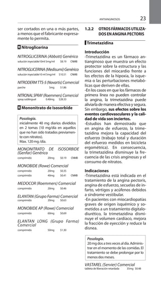 23ANTIANGINOSOS
ser cortados en una o más partes,
a menos que el fabricante expresa-
mente lo permita.
FF Nitroglicerina	
NITROGLICERINA (Abbott) Genérico
solución inyectable	10ml 5mg/ml 	 $8.19	 CNMB	
NITROGLICERINA(Medisumi)Genérico
solución inyectable	10 ml 5mg/ml	 $10.51	 CNMB	
NITRODERMTTS-5(Novartis)Comercial
parche 	 5mg 	 $1.86 	
	
NITRONALSPRAY(Roemmers)Comercial
spray sublingual 	 0.40mg 	 $28.33 	
FF Mononitrato de Isosorbide
Posología.
Inicialmente 40 mg diarios divididos
en 2 tomas (10 mg/día en aquellos
que no han sido tratados previamen-
te con nitratos).
Max. 120 mg /día.
MONONITRATO DE ISOSORBIDE
(Genfar) Genérico
comprimido 	 20mg 	 $0.19	 CNMB	
MONOBIDE (Rowe) Comercial 	
comprimido 	 20mg 	 $0.35 	
comprimido	 40mg 	 $0.41 	 CNMB
	
MEDOCOR (Roemmers) Comercial
comprimido 	 20mg 	 $0.46 	
ELANTAN (Grupo Farma) Comercial
comprimido 	 20mg	 $0.63 	
MONOBIDE AP (Rowe) Comercial
comprimido	 60mg	$0.69 	
ELANTAN LONG (Grupo Farma)
Comercial
comprimido 	 50mg 	 $1.30 	
1.2.2	 OTROSFÁRMACOSUTILIZA-
DOS EN ANGINA PECTORIS
█ Trimetazidina
Introducción 	
-Trimetazidina es un fármaco an-
tianginoso que muestra un efecto
protector sobre la estructura y las
funciones del miocardio frente a
los efectos de la hipoxia, la isque-
mia o las perturbaciones metabó-
licas que deriven de ellas.
-En los casos en que los fármacos de
primera línea no pueden controlar
la angina, la trimetazidina puede
aliviarla de manera efectiva y segura.
Sin embargo, sus efectos sobre los
eventos cardiovasculares y la cali-
dad de vida son inciertos.
-Estudios han demostrado que
en angina de esfuerzo, la trime-
tazidina mejora la capacidad del
esfuerzo (trabajo total y duración
del esfuerzo medidos en bicicleta
ergométrica). En consecuencia,
la trimetazidina disminuye la fre-
cuencia de las crisis anginosas y el
consumo de nitratos.
Indicaciones 	
-Trimetazidina está indicada en el
tratamiento de la angina pectoris,
angina de esfuerzo, secuelas de in-
farto, vértigos y acúfenos debidos
a síndrome vestibular.
-En pacientes con miocardiopatías
graves de origen isquémico y so-
metidos a un tratamiento digitalo-
diurético, la trimetazidina dismi-
nuye el volumen cardíaco, mejora
la fracción de eyección y reduce la
disnea.
Posología.
20mgdosatresvecesaldía.Adminis-
trar en el momento de las comidas. El
tratamiento se debe prolongar por lo
menos dos meses.
	
VASTAREL (Servier) Comercial 	
tableta de liberación retardada 		 35mg 	$0.48
 