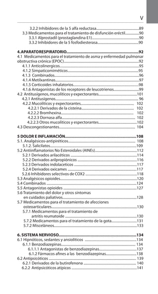 V
3.2.2 Inhibidores de la 5 alfa reductasa.................................................89
3.3 Medicamentos para el tratamiento de disfunción eréctil................90
3.3.1 Alprostadil (prostaglandina E1)......................................................90
3.3.2 Inhibidores de la 5 fosfodiesterasa...............................................90
4.APARATORESPIRATORIO..................................................................92
4.1 Medicamentos para el tratamiento de asma y enfermedad pulmonar
obstructiva crónica (EPOC)......................................................................................92
4.1.1 Anticolinergicos...........................................................................................95
4.1.2 Simpaticomiméticos	.................................................................................95
4.1.3 Combinados.................................................................................................96
4.1.4 Metilxantinas................................................................................................97
4.1.5 Corticoides inhalatorios...........................................................................98
4.1.6 Antagonistas de los receptores de leucotrienos.............................99
4.2 Antitusígenos, mucolíticos y expectorantes............................................101
4.2.1 Antitusígenos............................................................................................... 96
4.2.2 Mucolíticos y expectorantes............................................................. 102
4.2.2.1 Derivados de la cisteina............................................................ 102
4.2.2.2 Bromhexina................................................................................... 102
4.2.2.3 Dornasa alfa.................................................................................... 102
4.2.2.3 Otros mucolíticos y espectorantes............................................102
4.3 Descongestionantes....................................................................................... 104
5 DOLOR E INFLAMACIÓN.................................................................108
5.1. Analgésicos-antipiréticos............................................................................. 108
5.1.2. Salicilatos...................................................................................................109
5.2 Antiinflamatorios No Esteroidales (AINEs)................................................112
5.2.1 Derivados arilacéticos ............................................................................114
5.2.2 Derivados arilpropiónicos ....................................................................116
5.2.3 Derivados indolaceticos ........................................................................117
5.2.4 Derivados oxicames ...............................................................................117
5.2.6 Inhibidores selectivos de COX2 ...........................................................118
5.3 Analgésicos opioides........................................................................................120
5.4 Combinados .......................................................................................................124
5.5 Antagonistas opioides ....................................................................................127
5.6 Tratamiento del dolor y otros síntomas
en cuidados paliativos.....................................................................................128
5.7 Medicamentos para el tratamiento de afecciones
osteoarticulares..................................................................................................130
5.7.1 Medicamentos para el tratamiento de
artritis reumatoide ..................................................................................130
5.7.2 Medicamentos para el tratamiento de la gota.............................131
5.7.2 Misceláneos...............................................................................................133
6. SISTEMA NERVIOSO.......................................................................134
6.1 Hipnóticos, sedantes y ansiolíticos ...........................................................134
6.1.1 Benzodiazepinas..................................................................................... 134
6.1.1.1 Antagonistas de benzodiazepinas...........................................137
6.1.2 Fármacos afines a las benzodiazepinas...................................138
6.2 Antipsicóticos .................................................................................................... 139
6.2.1 Derivados de la butirofenona ............................................................ 140
6.2.2 Antipsicóticos atípicos ...........................................................................141
 