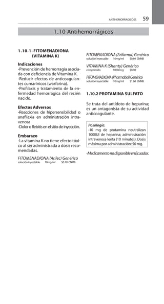 59
1.10.1. Fitomenadiona
	 (Vitamina K) 	
Indicaciones 	
-Prevención de hemorragia asocia-
da con deficiencia de Vitamina K.
-Reducir efectos de anticoagulan-
tes cumarínicos (warfarina).
-Profilaxis y tratamiento de la en-
fermedad hemorrágica del recién
nacido.
Efectos Adversos 	
-Reacciones de hipersensibilidad o
anafilaxia en administración intra-
venosa
-Doloroflebitisenelsitiodeinyección.
Embarazo 	
-La vitamina K no tiene efecto tóxi-
co al ser administrada a dosis reco-
mendadas.
FITOMENADIONA (Arilec) Genérico
solución inyectable 	 10mg/ml 	 $0.10 	CNMB
	
FITOMENADIONA (Arifarma) Genérico
solución inyectable 	 10mg/ml 	 $0.89 	CNMB
	
VITAMINA K (Shanty) Genérico	
comprimido 	 1000mcg 	 $0.98 	
	
FITOMENADIONA(Pharmabol)Genérico
solución inyectable 	 10mg/ml 	 $1.68 	CNMB
1.10.2 Protamina Sulfato
	
Se trata del antídoto de heparina;
es un antagonista de su actividad
anticoagulante.
Posología.
-10 mg de protamina neutralizan
1000UI de heparina; administración
intravenosa lenta (10 minutos). Dosis
máxima por administración: 50 mg.
-MedicamentonodisponibleenEcuador.
ANTIHEMORRAGICOSS
1.10 Antihemorrágicos
 