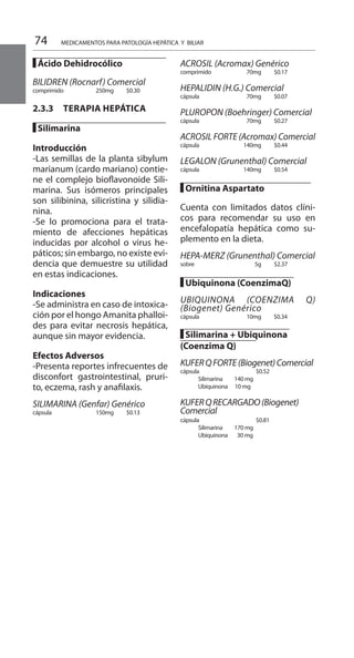 74
█ Ácido Dehidrocólico
	
BILIDREN (Rocnarf) Comercial
comprimido 	 250mg 	 $0.30 	
2.3.3 	 TERAPIA HEPÁTICA
█ Silimarina 	
Introducción 	
-Las semillas de la planta sibylum
marianum (cardo mariano) contie-
ne el complejo bioflavonoide Sili-
marina. Sus isómeros principales
son silibinina, silicristina y silidia-
nina.
-Se lo promociona para el trata-
miento de afecciones hepáticas
inducidas por alcohol o virus he-
páticos; sin embargo, no existe evi-
dencia que demuestre su utilidad
en estas indicaciones.
Indicaciones 	
-Se administra en caso de intoxica-
ción por el hongo Amanita phalloi-
des para evitar necrosis hepática,
aunque sin mayor evidencia.
Efectos Adversos 	
-Presenta reportes infrecuentes de
disconfort gastrointestinal, pruri-
to, eczema, rash y anafilaxis.
SILIMARINA (Genfar) Genérico
cápsula 	 150mg 	 $0.13 	
ACROSIL (Acromax) Genérico 	
comprimido 	 70mg 	 $0.17 	
HEPALIDIN (H.G.) Comercial 	
cápsula 	 70mg 	 $0.07 	
PLUROPON (Boehringer) Comercial
cápsula 	 70mg 	 $0.27 	
ACROSIL FORTE (Acromax) Comercial
cápsula 	 140mg 	 $0.44 	
LEGALON (Grunenthal) Comercial
cápsula 	 140mg 	 $0.54 	
█ Ornitina Aspartato 	
	
Cuenta con limitados datos clíni-
cos para recomendar su uso en
encefalopatía hepática como su-
plemento en la dieta.
	
HEPA-MERZ (Grunenthal) Comercial
sobre 	 5g 	 $2.37 	
█ Ubiquinona (CoenzimaQ) 	
UBIQUINONA (COENZIMA Q)
(Biogenet) Genérico 	
cápsula 	 10mg 	 $0.34
	
█ Silimarina + Ubiquinona
(Coenzima Q)	
KUFERQFORTE(Biogenet)Comercial 	
cápsula 	 	 $0.52 	
	 Silimarina 140 mg
	 Ubiquinona 10 mg		
KUFERQRECARGADO(Biogenet)
Comercial	
cápsula 	 	 $0.81 	
	 Silimarina 170 mg
	 Ubiquinona 30 mg
MEDICAMENTOS PARA PATOLOGÍA HEPÁTICA Y BILIAR	
 
