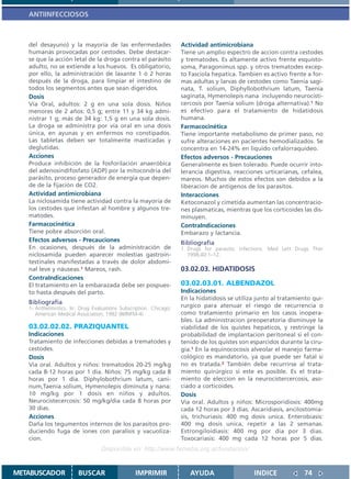 ANTIINFECCIOSOS



   del desayuno) y la mayoría de las enfermedades                  Actividad antimicrobiana
   humanas provocadas por cestodes. Debe destacar-                 Tiene un amplio espectro de accion contra cestodes
   se que la acción letal de la droga contra el parásito           y trematodes. Es altamente activo frente esquisto-
   adulto, no se extiende a los huevos. Es obligatorio,            soma, Paragonimus spp. y otros trematodes excep-
   por ello, la administración de laxante 1 ó 2 horas              to Fasciola hepatica. Tambien es activo frente a for-
   después de la droga, para limpiar el intestino de               mas adultas y larvas de cestodes como Taenia sagi-
   todos los segmentos antes que sean digeridos.                   nata, T. solium, Diphyllobothrium latum, Taenia
   Dosis                                                           saginata, Hymenolepis nana incluyendo neurocisti-
   Vía Oral, adultos: 2 g en una sola dosis. Niños                 cercosis por Taenia solium (droga alternativa).1 No
   menores de 2 años: 0,5 g; entre 11 y 34 kg admi-                es efectivo para el tratamiento de hidatidosis
   nistrar 1 g; más de 34 kg: 1,5 g en una sola dosis.             humana.
   La droga se administra por vía oral en una dosis                Farmacocinética
   única, en ayunas y en enfermos no constipados.                  Tiene importante metabolismo de primer paso, no
   Las tabletas deben ser totalmente masticadas y                  sufre alteraciones en pacientes hemodializados. Se
   deglutidas.                                                     concentra en 14-24% en liquido cefalorraquideo.
   Acciones                                                        Efectos adversos - Precauciones
   Produce inhibición de la fosforilación anaeróbica               Generalmente es bien tolerado. Puede ocurrir into-
   del adenosindifosfato (ADP) por la mitocondria del              lerancia digestiva, reacciones urticarianas, cefalea,
   parásito, proceso generador de energía que depen-               mareos. Muchos de estos efectos son debidos a la
   de de la fijación de CO2.                                       liberacion de antigenos de los parasitos.
   Actividad antimicrobiana                                        Interacciones
   La niclosamida tiene actividad contra la mayoría de             Ketoconazol y cimetida aumentan las concentracio-
   los cestodes que infestan al hombre y algunos tre-              nes plasmaticas, mientras que los corticoides las dis-
   matodes.                                                        minuyen.
   Farmacocinética                                                 ContraIndicaciones
   Tiene pobre absorción oral.                                     Embarazo y lactancia.
   Efectos adversos - Precauciones                                 Bibliografía
   En ocasiones, después de la administración de                   1. Drugs for parasitic infections. Med Lett Drugs Ther
   niclosamida pueden aparecer molestias gastroin-                    1998;40:1–12.
   testinales manifestadas a través de dolor abdomi-
   nal leve y náuseas.1 Mareos, rash.                              03.02.03. HIDATIDOSIS
   ContraIndicaciones
   El tratamiento en la embarazada debe ser pospues-               03.02.03.01. ALBENDAZOL
   to hasta después del parto.                                     Indicaciones
                                                                   En la hidatidosis se utiliza junto al tratamiento qui-
   Bibliografía
   1- Anthelmintics. In: Drug Evaluations Subscription. Chicago:   rurgico para atenuar el riesgo de recurrencia o
      American Medical Association; 1992 (III/INFM-4)              como tratamiento primario en los casos inopera-
                                                                   bles. La administracion preoperatoria disminuye la
   03.02.02.02. PRAZIQUANTEL                                       viabilidad de los quistes hepaticos, y restringe la
   Indicaciones                                                    probabilidad de implantacion peritoneal si el con-
   Tratamiento de infecciones debidas a trematodes y               tenido de los quistes son esparcidos durante la ciru-
   cestodes.                                                       gia.1 En la equinococosis alveolar el manejo farma-
   Dosis                                                           cológico es mandatorio, ya que puede ser fatal si
   Via oral. Adultos y niños: trematodos 20-25 mg/kg               no es tratada.2 También debe recurrirse al trata-
   cada 8-12 horas por 1 dia. Niños: 75 mg/kg cada 8               miento quirúrgico si este es posible. Es el trata-
   horas por 1 dia. Diphylobothrium latum, cani-                   miento de eleccion en la neurocistercercosis, aso-
   num,Taenia solium, Hymenolepis diminuta y nana:                 ciado a corticoides.
   10 mg/kg por 1 dosis en niños y adultos.                        Dosis
   Neurocistecercosis: 50 mg/kg/dia cada 8 horas por               Via oral. Adultos y niños: Microsporidiosis: 400mg
   30 dias.                                                        cada 12 horas por 3 dias. Ascaridiasis, ancilostomia-
   Acciones                                                        sis, trichuriasis: 400 mg dosis unica. Enterobiasis:
   Daña los tegumentos internos de los parasitos pro-              400 mg dosis unica, repetir a las 2 semanas.
   duciendo fuga de iones con paralisis y vacuoliza-               Estrongiloidiasis: 400 mg por dia por 3 dias.
   cion.                                                           Toxocariasis: 400 mg cada 12 horas por 5 dias.
                                  Disponible en: http://www.femeba.org.ar/fundacion/


METABUSCADOR            BUSCAR                  IMPRIMIR              AYUDA                   INDICE             74
 