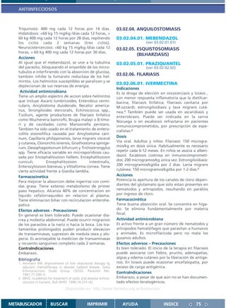 ANTIINFECCIOSOS



   Triquinosis: 400 mg cada 12 horas por 14 dias.                    03.02.04. ANQUILOSTOMIASIS
   Hidatidosis: <60 kg 15 mg/kg /dias cada 12 horas, >
   60 kg 400 mg cada 12 horas por 28 dias, repitiendo                03.02.04.01. MEBENDAZOL
   los ciclos cada 2 semanas (tres ciclos).                                           (ver 03.02.01.01)
   Neurocistercercosis: <60 kg 15 mg/kg /dias cada 12                03.02.05. ESQUISTOSOMIASIS
   horas, > 60 kg 400 mg cada 12 horas por 30 dias.
                                                                               (BILHARZIASIS)
   Acciones
   Al igual que el mebendazol, se une a la tubulina                  03.02.05.01. PRAZIQUANTEL
   del parasito, bloqueando el ensamble de los micro-                                 (ver 03.02.02.02)
   tubulos e interfiriendo con la absorcion de glucosa,
   tambien inhibe la fumarato reductasa de los hel-
                                                                     03.02.06. FILARIASIS
   mintos. Los helmintos susceptibles se paralizan y se
                                                                     03.02.06.01. IVERMECTINA
   deplecionan de sus reservas de energia.
                                                                     Indicaciones
    Actividad antimicrobiana                                         Es la droga de elección en oncocerciasis y loiasis ,
   Tiene un amplio espectro de accion sobre helmintos                con menor respuesta inflamatoria que la dietilcar-
   que incluye Ascaris lumbricoides, Enterobius vermi-               bacina; filariasis linfática; filariasis cavitaria por
   cularis, Ancylostoma duodenale, Necator america-                  M.ozzardi; estrongiloidiasis y lava migrans cutá-
   nus, Strongiloides stercoralis, Echinococcus spp.,                nea.1 También puede ser usada en ascaridiasis y
   T.solium, agente productores de filariasis linfatica              enterobiasis. Puede ser indicada en la sarna
   como Wuchereria bancrofti, Brugia malayi o B.timo-                Noruega o en escabiosis refractaria en pacientes
   ri y de cavidades como Mansonella perstans.                       inmunocomprometidos, por prescripción de espe-
   Tambien ha sido usado en el tratamiento de entero-                cialistas.2
   colitis eosinofilica causada por Ancylostoma cani-
   num, Capillaria philippinensis, larva migrans visceral            Dosis
   y cutanea, Clonorchis sinensis, Gnathostoma spinige-              Via oral. Adultos y niños: Filariasis: 150 microgra-
   rum, Oesophagostonum bifurcum y Trichostrongylus                  mos/kg en dosis única. Habitualmente es necesario
   spp. Tiene eficacia variable en microsporidiosis cau-             repetir cada 6-12 meses. En niños se asocia a alben-
   sada por Encephalitozoon hellem, Encephalitozoon                  dazol. Escabiosis costrosa en inmunocomprometi-
   cuniculi,        Encephalitozoon          intestinalis,           dos: 200 microgramos/kg única vez. Estrongiloidiasis:
   Enterocytozoon bieneusi, y Vittaforma cornea. Tiene               200 microgramos/kg/dia por 2 dias. Larva migrans
   cierta actividad frente a Giardia lamblia.                        cutánea: 150 microgramos/kg/dia por 1-2 dias.3
   Farmacocinetica                                                   Acciones
   Para mejorar la absorcion debe ingerirse con comi-                Potencia la apertura de los canales de cloro depen-
   das grasa. Tiene extenso metabolismo de primer                    dientes del glutamato que solo estan presentes en
   paso hepatico. Alcanza 40% de concentracion en                    nematodos y artropodos, resultando en parálisis
   liquido cefalorraquideo en relacion al plasma.                    por ingreso de cloro.
   Tiene eliminacion biliar con recirculacion enterohe-              Farmacocinética
   patica.                                                           Tiene buena absorción oral. Se concentra en híga-
   Efectos adversos - Precauciones                                   do. Se elimina fundamentalmente por materia
   En general es bien tolerado. Puede ocasionar dia-                 fecal.
   rrea y molestia abdominal. Puede ocurrir migracion                Actividad antimicrobiana
   de los parasitos a la nariz o hacia la boca. Los tra-             Es activo frente a un gran número de nematodos y
   tamientos prolongados puden producir elevacion                    artropodos hematófagos que parasitan a humanos
   de transaminasas, supresion de medula osea y alo-                 y animales. Es microfilaricida pero no mata los
   pecia. Es aconsejable la medicion de transaminasas                gusanos adultos.
   y recuento sanguineo completo cada 2 semanas.                     Efectos adversos – Precauciones
   ContraIndicaciones                                                Es bien tolerado. El inicio de la terapia en filariasis
   Embarazo.                                                         puede asociarse con fiebre, prurito, adenopatías,
                                                                     algias y edema cutáneo por la liberación de antíge-
   Bibliografía
   1. Ammann RW. Improvement of liver resectional therapy by         nos. En loiasis puede ocasionar encefalopatía, por
      adjuvant chemotherapy in alveolar hydatid disease. Swiss       exceso de carga antigénica.
      Echinococcosis Study Group (SESG). Parasitol Res.
                                                                     ContraIndicaciones
      1991;77:290–3.
   2. WHO. Guidelines for treatment of cystic and alveolar echino-   Embarazo, a pesar de que aún no se han documen-
      coccosis in humans. Bull WHO. 1996;74:231–42                   tado efectos teratogénicos.
                                   Disponible en: http://www.femeba.org.ar/fundacion/


METABUSCADOR            BUSCAR                    IMPRIMIR              AYUDA                    INDICE             75
 
