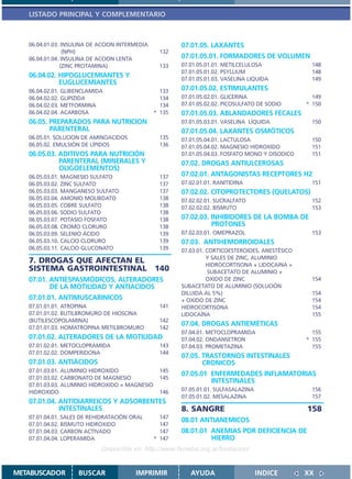 LISTADO PRINCIPAL Y COMPLEMENTARIO



   06.04.01.03. INSULINA DE ACCION INTERMEDIA           07.01.05. LAXANTES
                (NPH)                            132
   06.04.01.04. INSULINA DE ACCION LENTA                07.01.05.01. FORMADORES DE VOLUMEN
               (ZINC PROTAMINA)                  133    07.01.05.01.01. METILCELULOSA              148
                                                        07.01.05.01.02. PSYLLIUM                   148
   06.04.02. HIPOGLUCEMIANTES Y                         07.01.05.01.03. VASELINA LIQUIDA           149
             EUGLUCEMIANTES
   06.04.02.01. GLIBENCLAMIDA                     133   07.01.05.02. ESTIMULANTES
   06.04.02.02. GLIPIZIDA                         134   07.01.05.02.01. GLICERINA                   149
   06.04.02.03. METFORMINA                        134   07.01.05.02.02. PICOSULFATO DE SODIO      * 150
   06.04.02.04. ACARBOSA                        * 135   07.01.05.03. ABLANDADORES FECALES
   06.05. PREPARADOS PARA NUTRICION                     07.01.05.03.01. VASELINA LÍQUIDA           150
          PARENTERAL                                    07.01.05.04. LAXANTES OSMÓTICOS
   06.05.01. SOLUCION DE AMINOACIDOS             135    07.01.05.04.01. LACTULOSA                  150
   06.05.02. EMULSIÓN DE LÍPIDOS                 136    07.01.05.04.02. MAGNESIO HIDROXIDO         151
   06.05.03. ADITIVOS PARA NUTRICIÓN                    07.01.05.04.03. FOSFATO MONO Y DISODICO    151
             PARENTERAL (MINERALES Y                    07.02. DROGAS ANTIULCEROSAS
             OLIGOELEMENTOS)
   06.05.03.01. MAGNESIO SULFATO                 137    07.02.01. ANTAGONISTAS RECEPTORES H2
   06.05.03.02. ZINC SULFATO                     137    07.02.01.01. RANITIDINA                    151
   06.05.03.03. MANGANESO SULFATO                137    07.02.02. CITOPROTECTORES (QUELATOS)
   06.05.03.04. AMONIO MOLIBDATO                 138    07.02.02.01. SUCRALFATO                    152
   06.05.03.05. COBRE SULFATO                    138    07.02.02.02. BISMUTO                       153
   06.05.03.06. SODIO SULFATO                    138
   06.05.03.07. POTASIO FOSFATO                  138    07.02.03. INHIBIDORES DE LA BOMBA DE
   06.05.03.08. CROMO CLORURO                    138              PROTONES
   06.05.03.09. SELENIO ÁCIDO                    139    07.02.03.01. OMEPRAZOL                     153
   06.05.03.10. CALCIO CLORURO                   139    07.03. ANTIHEMORROIDALES
   06.05.03.11. CALCIO GLUCONATO                 139    07.03.01. CORTICOESTEROIDES, ANESTÉSICO
                                                                  Y SALES DE ZINC, ALUMINIO
   7. DROGAS QUE AFECTAN EL                                       HIDROCORTISONA + LIDOCAINA +
   SISTEMA GASTROINTESTINAL 140                                    SUBACETATO DE ALUMINIO +
   07.01. ANTIESPASMÓDICOS, ALTERADORES                           OXIDO DE ZINC                    154
          DE LA MOTILIDAD Y ANTIACIDOS                  SUBACETATO DE ALUMINIO (SOLUCIÓN
                                                        DILUIDA AL 5%)                             154
   07.01.01. ANTIMUSCARINICOS                           + OXIDO DE ZINC                            154
   07.01.01.01. ATROPINA                         141    HIDROCORTISONA                             154
   07.01.01.02. BUTILBROMURO DE HIOSCINA                LIDOCAÍNA                                  155
   (BUTILESCOPOLAMINA)                           142
                                                        07.04. DROGAS ANTIEMÉTICAS
   07.01.01.03. HOMATROPINA METILBROMURO         142
                                                        07.04.01. METOCLOPRAMIDA                    155
   07.01.02. ALTERADORES DE LA MOTILIDAD                07.04.02. ONDANSETRON                     * 155
   07.01.02.01. METOCLOPRAMIDA                   143    07.04.03. PROMETAZINA                       155
   07.01.02.02. DOMPERIDONA                      144
                                                        07.05. TRASTORNOS INTESTINALES
   07.01.03. ANTIÁCIDOS                                        CRONICOS
   07.01.03.01. ALUMINIO HIDROXIDO               145
                                                        07.05.01 ENFERMEDADES INFLAMATORIAS
   07.01.03.02. CARBONATO DE MAGNESIO            145
                                                                 INTESTINALES
   07.01.03.03. ALUMINIO HIDROXIDO + MAGNESIO
   HIDROXIDO                                     146    07.05.01.01. SULFASALAZINA                 156
                                                        07.05.01.02. MESALAZINA                    157
   07.01.04. ANTIDIARREICOS Y ADSORBENTES
             INTESTINALES                               8. SANGRE                                 158
   07.01.04.01. SALES DE REHIDRATACIÓN ORAL       147
                                                        08.01 ANTIANEMICOS
   07.01.04.02. BISMUTO HIDROXIDO                 147
   07.01.04.03. CARBON ACTIVADO                   147   08.01.01 ANEMIAS POR DEFICIENCIA DE
   07.01.04.04. LOPERAMIDA                      * 147            HIERRO
                            Disponible en: http://www.femeba.org.ar/fundacion/


METABUSCADOR        BUSCAR              IMPRIMIR           AYUDA                     INDICE       XX
 