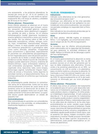 SISTEMA NERVIOSO CENTRAL



   une escasamente a las proteínas plasmáticas. Se                           10.05.06. FENOBARBITAL
   excreta por orina en un 25 % sin cambios y es                             Indicaciones
   metabolizada en hígado. La vida media es aproxi-                          Indicado como alternativa en las crisis generaliza-
   madamente 40 a 50 horas en adultos y alrededor                            das tonicoclónicas (gran mal).1
   de 30 horas en los niños.1                                                Constituye una alternativa en las crisis parciales
   Efectos adversos - Precauciones                                           simples2 y en el estado de mal epiléptico no con-
   Como efectos adversos se observan en el tracto                            trolado por otros anticonvulsivantes. Las convulsio-
   gastrointestinal, trastornos que incluyen: anore-                         nes parciales complejas no responden bien al feno-
   xia, sensación de vacuidad gástrica, náuseas,                             barbital.
   vómitos, calambres, dolor abdominal o epigástri-                          Está indicado en las convulsiones producidas por la
   cos, pérdida de peso y diarrea. En el sistema                             supresión de barbitúricos en adictos.
   hematopoyético puede observarse leucopenia,                               Dosis
   anemia aplástica y eosinofilia a veces con resulta-                       Vía Oral, adultos: 100-300 mg/día, al acostarse.
   dos fatales. Por sus efectos sobre el SNC se ha                           Niños: 1 a 6 mg/kg/día. Las concentraciones efecti-
   observado somnolencia, cefalea, vértigos, eufo-                           vas en sangre son de 10 a 40 microgramos/ml.
   ria, hipo, irritabilidad, hiperactividad, letargia,                       Acciones
   fatiga y ataxia. A veces pueden verse pacientes                           Se considera que los efectos anticonvulsivantes
   con trastornos psiquiátricos o psicológicos tales                         están relacionados con la capacidad del fenobarbi-
   como sueño alterado, pesadillas, incapacidad                              tal para potenciar la actividad inhibitoria del
   para concentrarse y agresividad, especialmente                            GABA. Reduce la difusión de las descargas a partir
   en pacientes con antecedentes psicopatológicos.                           del foco epileptógeno.
   Se han registrado pocos casos de psicosis paranoi-
   ca, aumento de la libido o estado depresivo con                           Farmacocinética
   tendencia suicida. Desde el punto de vista derma-                         En el tracto gastrointestinal la absorción es lenta
   tológico puede observarse urticaria, síndrome de                          pero completa con estómago vacío. Por vía IM
   Stevens-Johnson, lupus eritematoso sistémico y                            produce necrosis en el sitio de aplicación por lo
   rash eritematoso pruriginoso. También se han                              que no debe emplearse esta alternativa. Circula
   registrado otras reacciones tales como miopía,                            unida a las proteínas plasmáticas en un 50%. La
   hemorragia vaginal, tumefacción lingual, hiper-                           concentración en LCR es similar a la plasmática,
   trofia de encías e hirsutismo. Como deprime la                            pasa a la leche materna y atraviesa la placenta. Es
   actividad mental y el desenvolvimiento físico, se                         inactivada a nivel microsomal hepático por el sis-
   aconseja precaución en enfermos que manipulan                             tema citocromo P 450 CYP 2C9 y en menor medi-
   máquinas.                                                                 da CYP2 19. Aproximadamente un 25 % del medi-
                                                                             camento es eliminado por vía renal pH-depen-
   Interacciones
                                                                             diente.3
   La carbamazepina puede disminuir la concentra-
   ción sérica de la etosuximida. Como con los otros                         Efectos adversos - Precauciones
   anticonvulsivantes conviene ser cauto tanto en el                         El efecto más común al comienzo del tratamiento
   aumento como en la disminución de la dosis. En                            es la sedación para el cual se suele desarrollar tole-
   ciertos tipos de epilepsia mixta (con el gran mal),                       rancia con el tratamiento prolongado. A dosis ele-
   puede aumentar la frecuencia del mismo. La supre-                         vadas produce ataxia y nistgamus. En niños produ-
   sión brusca puede desencadenar un estado de                               ce irritabilidad e hiperactividad. El rash cutáneo se
   pequeño mal.                                                              describe en 1 % de los pacientes. En tratamientos
                                                                             prolongados puede producir anemia megaloblásti-
   Contraindicaciones
                                                                             ca que responde al folato y osteomalacia que remi-
   Está contraindicada en pacientes con antecedentes
                                                                             te con altas dosis de vitamina D. Se ha visto hipo-
   de intolerancia a las suximidas, en embarazadas e
                                                                             protrombinemia en recién nacidos cuyas madres
   insuficientes hepáticos o renales.
                                                                             recibieron el fármaco durante el embarazo. Puede
   Bibliografía                                                              causar reacciones de hipersensibilidad en pacientes
   1. Mc Namara J. Drugs therapy effective in therapy of Epilepsies. En:     con tendencias al asma, urticaria y angioedema. La
      Hardman JG, Limbird LE, Goodman Gilman A, editors. Goodman
      and Gilman´s The pharmacological basis of therapeutics. 10th ed.       sobredosis aguda puede producir shock típico, que
      New York: McGraw-Hill; 2001.p. 521-46                                  se presenta con apnea, colapso circulatorio, paro
   2. Porter R. Antiepilépticos En: Katzung B. Farmacología básica y tera-   respiratorio y muerte.4 Puede provocar farmacode-
      péutica. 8va ed. Manual Moderno . México. 2002. p 451-477
   3. Brodie M. Antiepileptic drugs. N Eng J Med, 1996;334:168-76
                                                                             pendencia. No se debe suprimir bruscamente su
   4. Stringer J. Drugs for Seizures Dissorders. En: Human Pharmacology.     administración, pues puede desencadenar un sín-
      2nd ed. Chapter 26; page 351-61.                                       drome de abstinencia.
                                       Disponible en: http://www.femeba.org.ar/fundacion/


METABUSCADOR               BUSCAR                       IMPRIMIR                AYUDA                   INDICE             210
 