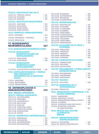 LISTADO PRINCIPAL Y COMPLEMENTARIO



   16.02.01. ANESTESICOS POR VIA IV
                                                         18.01.02.05. BLEOMICINA                   *   284
   16.02.01.01. TIOPENTAL SODICO               * 261
                                                         18.01.02.06. DACTINOMICINA                *   285
   16.02.01.02. KETAMINA                       * 262
                                                         18.01.02.07. MITOMICINA                   *   286
   16.02.01.03. PROPOFOL                       * 262     18.01.02.08. DOXORRUBICINA                *   286
   16.02.02. ANESTÉSICOS INHALATORIOS                    18.01.03. ANTIMETABOLITOS
   16.02.02.01. HALOTANO                       *   263   18.01.03.01. METOTREXATO                  *   287
   16.02.02.02. ISOFLURANO                     *   264   18.01.03.02. CITARABINA                   *   288
   16.02.02.03. SEVOFLURANO                    *   264   18.01.03.03. FLUDARABINA                  *   289
   16.02.02.04. OXIDO NITROSO                  *   264   18.01.03.04. CLADRIBINA                   *   289
   16.03. FÁRMACOS COMPLEMENTARIOS                       18.01.03.05. GEMCITABINA                  *   289
   16.03.01. FENTANILO                         * 265     18.01.03.06. FLUOROURACILO                *   290
                                                         18.01.03.07. MERCAPTOPURINA               *   291
   16.03.02. DROPERIDOL + FENTANILO            * 265
                                                         18.01.03.08. TIOGUANINA                   *   291
   16.03.03. MIDAZOLAM                         * 266     18.01.03.09. CAPECITABINA                 *   292
                                                         18.01.03.10. ASPARAGINASA                 *   292
   17. BLOQUEANTES
   NEUROMUSCULARES                              267      18.01.04. ALCALOIDES DE LA VINCA Y
                                                                   ETOPÓSIDO
   17.01. BLOQUEANTES NEUROMUSCULARES                    18.01.04.01. VINBLASTINA                  *   293
   17.01.01. BLOQUEANTES                                 18.01.04.02. VINCRISTINA                  *   293
             NEUROMUSCULARES NO                          18.01.04.03. VINDESINA                    *   294
             DESPOLARIZANTES                             18.01.04.04. VINORELBINA                  *   294
                                                         18.01.04.05. ETOPOSIDO                    *   294
   17.01.01.01. PANCURONIO                     * 268
   17.01.01.02. ATRACURIUM                     * 268     18.01.05. COMPUESTOS DE PLATINO
   17.01.02. BLOQUEANTES                                 18.01.05.01. CARBOPLATINO                 * 295
             NEUROMUSCULARES                             18.01.05.02. CISPLATINO                   * 295
             DESPOLARIZANTES                             18.01.05.03. OXALIPLATINO                 * 296
   17.01.02.01. SUCCINILCOLINA (SUXAMETONIO)   * 269     18.01.06. PROCARBAZINA Y OTROS AGENTES
                                                                   ANTINEOPLASICOS
   17.02. ANTICOLINESTERASICOS Y DROGAS
          PARA DIAGNOSTICO Y                             18.01.06.01. PROCARBAZINA                 * 296
          TRATAMIENTO DE LA MIASTENIA                    18.01.06.02. DACARBAZINA                  * 297
          GRAVIS.                                        18.01.06.03. HIDROXIUREA                  * 298
   17.02.01. EDROFONIO                             270   18.01.07. TAXANOS
   17.02.02. NEOSTIGMINA                           270   18.01.07.01. PACLITAXEL                   * 298
   17.02.03. PIRIDOSTIGMINA                        271   18.01.08. INHIBIDORES DE LA
                                                                   TOPOISOMERASA
   18. ANTINEOPLASICOS E
                                                         18.01.08.01. IRINOTECAN                   * 299
   INMUNOSUPRESORES                             272
   18.01. DROGAS CITOTÓXICAS                             18.02. ANTAGONISTAS HORMONALES Y DE
                                                                ACCIÓN HORMONAL
   18.01.01. DROGAS ALQUILANTES
                                                         18.02.01. TAMOXIFENO                      *   299
   18.01.01.01. CICLOFOSFAMIDA                 *   277
                                                         18.02.02. MEGESTROL ACETATO               *   299
   18.01.01.02. IFOSFAMIDA                     *   278
                                                         18.02.03. MEDROXIPROGESTERONA ACETATO     *   300
   18.01.01.03. CLORAMBUCILO                   *   278
                                                         18.02.04. FLUTAMIDA                       *   300
   18.01.01.04. MELFALANO                      *   279
                                                         18.02.05. LEUPROLIDE (ANÁLOGO GN RH) 1    *   301
   18.01.01.05. BUSULFAN                       *   279
                                                         18.02.06. OCTREÓTIDE (ANÁLOGO
   18.01.01.06. LOMUSTINA (CCNU)               *   280
                                                                  DE SOMATOSTATINA)                * 301
   18.01.01.07. CARMUSTINA (BCNU)              *   281
   18.01.01.08. ESTRAMUSTINA                   *   281   18.03. DROGAS QUE AFECTAN
   18.01.01.09. TIOTEPA                        *   281          LA RESPUESTA
   18.01.02. ANTIBIOTICOS ANTINEOPLASICOS                       INMUNE
   18.01.02.01. EPIRRUBICINA                   *   282   18.03.01. INMUNOSUPRESORES
   18.01.02.02. IDARRUBICINA                   *   282             ANTIPROLIFERATIVOS
   18.01.02.03. DAUNORRUBICINA                 *   283   18.03.01.01 AZATIOPRINA                   * 302
   18.01.02.04. MITOXANTRONA                   *   284   18.03.01.02. MOFETIL MICOFENOLATO         * 303
                              Disponible en: http://www.femeba.org.ar/fundacion/


METABUSCADOR        BUSCAR               IMPRIMIR           AYUDA                    INDICE       XXIV
 