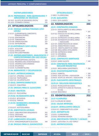 LISTADO PRINCIPAL Y COMPLEMENTARIO



          ANTIINFLAMATORIOS                                     OFTALMOLOGICO
   20.14. PREPARADOS PARA QUEMADURAS Y                   21.08.01. FLUORESCEINA                          344
          ABRASIONES DE MUCOSAS                          21.09. QUELANTES
   20.14.01. SULFATO DE MAGNESIO (PASTA)         335     21.09.01. EDTA SODICO                           344
   20.14.02. CETRIMIDA (CREMA)                   335
                                                         22. RADIOLOGICOS                            346
   21. OFTALMOLOGICOS                          336
                                                         22.01. CONTRASTES IODADOS
   21.01. DROGAS ANTIBACTERIANAS (USO                    22.01.01. IOXITALAMATO DE MEGLUMINA+
          LOCAL)                                                   ASOCIACION                        * 347
   21.01.01. CLORANFENICOL (UNGÜENTO,                    22.01.02. IOXAGALATO DE MEGLUMINA
             POMADA,COLIRIO)                     337                + ASOCIACION                     * 348
   21.01.02. GENTAMICINA                         337     22.01.03. DIATRIZOATO DE MEGLUMINA          * 348
   21.01.03. TOBRAMICINA                         337     22.01.04. DIATRIZOATO DE MEGLUMINA
   21.01.04. CIPROFLOXACINA                      337                + ASOCIACION                     *   348
   21.01.05. ERITROMICINA                        338     22.01.05. AMIDOTRIZOATO DE SODIO            *   348
   21.02.ANTIVIRALES (USO LOCAL)                         22.01.06. AMIDOTRIZOICO ACIDO               *   348
   21.02.01. ACICLOVIR                           338     22.01.07. IODOTALAMATO DE SODIO             *   348
   21.02.02. GANCICLOVIR                         338     22.01.08. MEGLUMINA IOTALAMATO              *   349
   21.02.03.TRIFLUOROTIMIDINA                    338     22.01.09. DIATRIZOICO ACIDO                 *   349
                                                         22.01.10. IOPAMIDOL                         *   349
   21.03. ANTIINFLAMATORIOS, ANALGESICOS Y               22.01.11. IOPROMIDA                         *   349
          CORTICOSTEROIDES (DE USO LOCAL)
   21.03.01. HIDROCORTISONA ACETATO              339
                                                         22.02. CONTRASTES BARITADOS
   21.03.02. PREDNISOLONA (FOSFATOSODICO)        339     22.02.01. BARIO SULFATO                     * 349
   21.03.03. CROMOGLICATO DISÓDICO               339     22.03. CONTRASTE PARA RESONANCIA
   21.03.04. DICLOFENAC                          339            NUCLEAR MAGNETICA
   21.03.05. FLUOROMETOLONA                      339     22.03.01. MEGLUMINA GADOTERATO              * 350
   21.04. MIDRIATICOS Y CICLOPLEGICOS                    22.04. COLECISTOQUINETICOS
   21.04.01. ANTIMUSCARINICOS                            22.04.01. SORBITOL                          * 350
   21.04.01.01. ATROPINA, SULFATO                340     22.04.02. SOJA LECITINA + ASOCIACION        * 350
   21.04.01.02. TROPICAMIDA                      340     22.04.03. ACEITE DE ARACHIS + ASOCIACION    * 350
   21.04.01.03. CICLOPENTOLATO                   341     22.05. EVACUANTES INTESTINALES
   21.04.02. SIMPATICOMIMETICOS                          22.05.01. SOLUCION ISOOSMOTICA
   21.04.02.01. FENILEFRINA                      341     22.05.02. PICOSULFATO DE SODIO                  351
   21.05. DROGAS PARA EL GLAUCOMA                        22.05.03. EXTRACTO FLUIDO DE FOLIOLAS
                                                                   DE SEN                                351
   21.05.01. MIOTICOS
                                                         22.05.04. BISACODILO                            351
   25.05.01.01. PILOCARPINA                      341
   21.05.02. BLOQUEANTES BETA                            23. ODONTOLOGICOS                           352
   21.05.02.01. BETAXOLOL                      * 342     23.01 FLUORUROS
   21.05.02.02. TIMOLOL                          342     23.01 FLUORURO DE SODIO                         353
   21.05.03. INHIBIDORES ANHIDRASA                       23.02. SALIVA ARTIFICIAL
             CARBONICA
   21.05.03.01. ACETAZOLAMIDA                    343     23.02.01. DEMULCENTES ORALES
                                                         23.02.01.01. CARBOXIMETILCELULOSA               354
   21.06. ANESTESICOS LOCALES
   21.06.01. OXIBUPROCAINA BENOXINATO            343     23.03. ANTISÉPTICOS
   21.06.02. LIDOCAINA                           343     23.03.01. CLORHEXIDINA                          355
   21.06.03. PROPARACAINA                        344     23.03.02. POVIDONA IODADA                       355
   21.07. LUBRICANTES OCULARES                           23.04. ANESTÉSICOS TÓPICOS Y LOCALES
   21.07.01. HIDROXIPROPILMETILCELULOSA          344     23.04.01. LIDOCAÍNA 2% USO TÓPICO               355
   21.08. DROGAS PARA EL DIAGNOSTICO                     23.05. ANTIINFECCIOSOS
                              Disponible en: http://www.femeba.org.ar/fundacion/


METABUSCADOR         BUSCAR                IMPRIMIR         AYUDA                  INDICE           XXVI
 