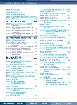 LISTADO PRINCIPAL Y COMPLEMENTARIO



   23.06. ANTIVIRALES                                    26.07. INTOXICACION CON SALES DE HIERRO
   23.07. ANTIMICÓTICOS                                  26.07.01. DESFEROXAMINA                  * 366
                                                         26.08. INTOXICACION CON CIANATOS
   23.08. GLUCOCORTICOIDES
                                                         26.08.01. EDETATO DE COBALTO             * 367
   23.09. REVELADORES DE PLACA BACTERIANA                26.08.02. NITRITO DE SODIO               * 367
   23.09.01. ERITROSINA                          355     26.08.03. TIOSULFATO DE SODIO            * 367
                                                         26.09 INTOXICACION CON ETILENGLICOL Y
   24. TIRAS REACTIVAS                         357              METANOL
   24.01 TIRAS REACTIVAS PARA USO EN                     26.09.01. ETANOL                         * 368
          DIABÉTICOS                                     26.10. INTOXICACION CON METALES
   24.01.01. REACTIVOS PARA LA DETERMINACIÓN                    PESADOS
             DE CETONURIA                        358
   24.01.02. REACTIVOS PARA LA DETERMINACIÓN             26.10.01. INTOXICACION CON ANTIMONIO,
             DE GLUCEMIA                         358               ARSENICO, BISMUTO, ORO Y
   24.01.03. REACTIVOS PARA LA DETERMINACIÓN                       MERCURIO
             DE GLUCOSURIA                       359     26.10.01.01. DIMERCAPROL (BAL)           * 368

   25. PRODUCTOS DIETETICOS                     360      26.10.02. INTOXICACION CON PLOMO
                                                         26.10.02.01. D-PENICILAMINA                369
   25.01. FÓRMULAS LÁCTEAS                               26.10.02.02. EDETATO CALCICO DE SODIO
   25.01.01 FÓRMULAS LÁCTEAS DE INICIO           361                  (EDTA)                      * 369
   25.01.02 FÓRMULAS LÁCTEAS PARA                        26.10.02.03. DIMERCAPROL                 * 370
             PREMATUROS                          361     26.11. INTOXICACION CON GASES
   25.01.03 FÓRMULAS LÁCTEAS DE SEGUIMIENTO      361
   25.01.04 FÓRMULAS LÁCTEAS SIN LACTOSA         361     26.11.01. INTOXICACION CON MONOXIDO DE
   25.01.05 FÓRMULAS A BASE DE PROTEÍNAS                           CARBONO
             DE SOJA AISLADAS                    361     26.11.01.01. OXIGENO (100 %)             * 370
   25.01.06 FÓRMULAS A BASE DE HIDROLIZADOS              26.11.01.02. MANITOL                       370
             DE PROTEÍNAS                        362     26.12. INTOXICACION CON PESTICIDAS
   26. EMERGENCIAS                                       26.12.01. INTOXICACIÓN CON PARAQUAT
   TOXICOLOGICAS                                363      26.12.01.01. CARBON ACTIVADO               370
   26.01. FÁRMACOS INDICADOS COMO                        26.12.01.02. SULFATO DE MAGNESIO           370
          ANTIEMÉTICOS                                   26.13. INTOXICACION CON ORGANOS
   26.01.01. JARABE DE IPECACUANA              * 364            FOSFORADOS
   26.02. FÁRMACOS INDICADOS COMO                        26.13.01. ATROPINA, SULFATO                370
          ADSORBENTES                                    26.13.02. PRALIDOXIMA, MESILATO            371
   26.02.01. CARBON ACTIVADO                     364     26.14. MORDEDURA DE VIBORA Y PICADURA
                                                                ARAÑA
   26.03. INTOXICACION CON PARACETAMOL
                                                         26.14.01. ADRENALINA                       371
   26.03.01. ACETILCISTEINA                    * 364
                                                         26.14.02. ANTISUEROS ESPECÍFICOS         * 371
   26.04. INTOXICACION CON ANALGESICOS
          OPIODES                                        26.15. ANEXOS
   26.04.01. NALOXONA                            365     26.15.01. DIRECCION DE CENTROS
                                                                   HOSPITALARIOS.
   26.05. INTOXICACIÓN CON
          BETABLOQUEANTES                                          DEPARTAMENTOS DE TOXICOLOGIA
   26.05.01. ATROPINA SULFATO                    366               DE LA REPUBLICA ARGENTINA.
   26.05.02. GLUCAGON                            366
   26.06. INTOXICACION CON HIPNOTICOS –
          ANSIOLÍTICOS
   26.06.01. INTOXICACIÓN CON
          BENZODIAZEPINAS
   26.06.01.01. FLUMAZENIL                       366

                              Disponible en: http://www.femeba.org.ar/fundacion/


METABUSCADOR         BUSCAR              IMPRIMIR           AYUDA                  INDICE        XXVII
 