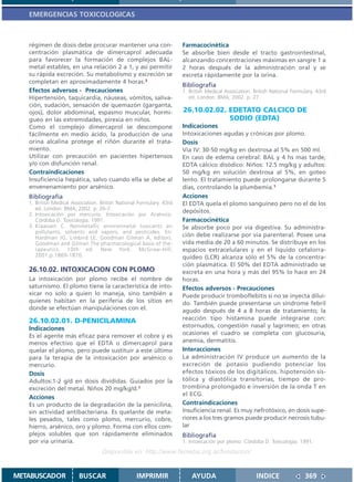 EMERGENCIAS TOXICOLOGICAS



   régimen de dosis debe procurar mantener una con-                   Farmacocinética
   centración plasmática de dimercaprol adecuada                      Se absorbe bien desde el tracto gastrointestinal,
   para favorecer la formación de complejos BAL-                      alcanzando concentraciones máximas en sangre 1 a
   metal estables, en una relación 2 a 1, y así permitir              2 horas después de la administración oral y se
   su rápida excreción. Su metabolismo y excreción se                 excreta rápidamente por la orina.
   completan en aproximadamente 4 horas.3
                                                                      Bibliografía
   Efectos adversos - Precauciones                                    1. British Medical Association. British National Formulary. 43rd
   Hipertensión, taquicardia, náuseas, vómitos, saliva-                  ed. London: BMA; 2002. p. 27.
   ción, sudación, sensación de quemazón (garganta,
   ojos), dolor abdominal, espasmo muscular, hormi-                   26.10.02.02. EDETATO CALCICO DE
   gueo en las extremidades, pirexia en niños.                                     SODIO (EDTA)
   Como el complejo dimercaprol se descompone                         Indicaciones
   fácilmente en medio ácido, la producción de una                    Intoxicaciones agudas y crónicas por plomo.
   orina alcalina protege el riñón durante el trata-                  Dosis
   miento.                                                            Vía IV: 30-50 mg/kg en dextrosa al 5% en 500 ml.
   Utilizar con precaución en pacientes hipertensos                   En caso de edema cerebral: BAL y 4 hs mas tarde,
   y/o con disfunción renal.                                          EDTA cálcico disódico: Niños: 12.5 mg/kg y adultos:
   Contraindicaciones                                                 50 mg/kg en solución dextrosa al 5%, en goteo
   Insuficiencia hepática, salvo cuando ella se debe al               lento. El tratamiento puede prolongarse durante 5
   envenenamiento por arsénico.                                       días, controlando la plumbemia.1
   Bibliografía                                                       Acciones
   1. British Medical Association. British National Formulary. 43rd   El EDTA quela el plomo sanguíneo pero no el de los
      ed. London: BMA; 2002. p. 26-7.
                                                                      depósitos.
   2. Intoxicación por mercurio. Intoxicación por Arsénico.
      Córdoba D. Toxicología. 1991.                                   Farmacocinética
   3. Klaassen C. Nonmetallic environmetal toxicants air              Se absorbe poco por vía digestiva. Su administra-
      pollutants, solvents and vapors, and pesticides. En:
      Hardman JG, Limbird LE, Goodman Gilman A, editors.              ción debe realizarse por vía parenteral. Posee una
      Goodman and Gilman The pharmacological basis of the-            vida media de 20 a 60 minutos. Se distribuye en los
      rapeutics. 10th ed. New York: McGraw-Hill;                      espacios extracelulares y en el líquido cefalorra-
      2001.p.1869-1870.                                               quídeo (LCR) alcanza sólo el 5% de la concentra-
                                                                      ción plasmática. El 50% del EDTA administrado se
   26.10.02. INTOXICACION CON PLOMO                                   excreta en una hora y más del 95% lo hace en 24
   La intoxicación por plomo recibe el nombre de                      horas.
   saturnismo. El plomo tiene la característica de into-              Efectos adversos - Precauciones
   xicar no solo a quien lo maneja, sino también a                    Puede producir tromboflebitis si no se inyecta dilui-
   quienes habitan en la periferia de los sitios en                   do. También puede presentarse un síndrome febril
   donde se efectúan manipulaciones con el.                           agudo después de 4 a 8 horas de tratamiento; la
   26.10.02.01. D-PENICILAMINA                                        reacción tipo histamina puede integrarse con:
   Indicaciones                                                       estornudos, congestión nasal y lagrimeo; en otras
   Es el agente más eficaz para remover el cobre y es                 ocasiones el cuadro se completa con glucosuria,
   menos efectivo que el EDTA o dimercaprol para                      anemia, dermatitis.
   quelar el plomo, pero puede sustituir a este último                Interacciones
   para la terapia de la intoxicación por arsénico o                  La administración IV produce un aumento de la
   mercurio.                                                          excreción de potasio pudiendo potenciar los
   Dosis                                                              efectos tóxicos de los digitálicos. hipotensión sis-
   Adultos:1-2 g/d en dosis divididas. Guiados por la                 tólica y diastólica transitorias, tiempo de pro-
   excreción del metal. Niños 20 mg/kg/d.1                            trombina prolongado e inversión de la onda T en
                                                                      el ECG.
   Acciones
   Es un producto de la degradación de la penicilina,                 Contraindicaciones
   sin actividad antibacteriana. Es quelante de meta-                 Insuficiencia renal. Es muy nefrotóxico, en dosis supe-
   les pesados, tales como plomo, mercurio, cobre,                    riores a los tres gramos puede producir necrosis tubu-
   hierro, arsénico, oro y plomo. Forma con ellos com-                lar
   plejos solubles que son rápidamente eliminados                     Bibliografía
   por vía urinaria.                                                  1. Intoxicación por plomo. Córdoba D. Toxicología. 1991.
                                   Disponible en: http://www.femeba.org.ar/fundacion/


METABUSCADOR             BUSCAR                    IMPRIMIR               AYUDA                        INDICE               369
 