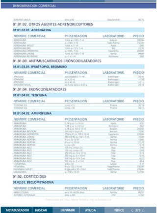 DENOMINACION COMERCIAL



    SEREVENT DISKUS                         dosis x 60                        GlaxoSmithKl      68,75

   01.01.02. OTROS AGENTES ADRENORECEPTORES
   01.01.02.01. ADRENALINA
    NOMBRE COMERCIAL                        PRESENTACION                    LABORATORIO      PRECIO
    ADRENALINA                              1o/oo a.x 100 x 1 ml                Bioquim        200,00
    ADRENALINA                              a.x 100 x 1 ml                    Fada Pharma      732,00
    ADRENALINA APOLO                        1o/oo a.x 1 ml                       Apolo           2,60
    ADRENALINA BIOL                         1o/oo a.x 10 x 1 ml                   Biol          22,76
    ADRENALINA EXPERIENTIA                  a.x 100 x 1 ml                     Experientia     200,00
    ADRENALINA LARJAN                       1o/oo a.x 100 x 1 ml                 Veinfar        89,00
    ADRENALINA RICHMOND                     a.x 1 x 1 ml                       Richmond          3,68

   01.01.03. ANTIMUSCARÍNICOS BRONCODILATADORES
   01.01.03.01. IPRATROPIO, BROMURO
    NOMBRE COMERCIAL                        PRESENTACION                    LABORATORIO      PRECIO
    ATROVENT                                aer.completo x 15 ml              Boehringer I      24,44
    ATROVENT                                sol.x 20 ml                       Boehringer I      11,58
    ATROVENT                                sol.x 40 ml                       Boehringer I      22,11
    ATROVENT NASAL                          aer.Pump spray x 0.03 g           Boehringer I      24,18

   01.01.04. BRONCODILATADORES
   01.01.04.01. TEOFILINA
    NOMBRE COMERCIAL                        PRESENTACION                    LABORATORIO      PRECIO
    TEOSONA SOL                             comp.x 15                           Phoenix         30,76
    TEOSONA SOL                             comp.x 30                           Phoenix         58,41

   01.01.04.02. AMINOFILINA
    NOMBRE COMERCIAL                        PRESENTACION                    LABORATORIO      PRECIO
    AMINOFILINA                             0.24 g a.x 1 x 10 ml                 Apolo           4,55
    AMINOFILINA                             0.24 g a.x 1 x 10 ml               Richmond          3,62
    AMINOFILINA                             0.24 g a.x 100 x 10 ml              Bioquim        240,00
    AMINOFILINA BIOCROM                     240 mg IV iny.a.x 5                 Biocrom         15,90
    AMINOFILINA EXPERIENTIA                 250mg IV a.x 100 x 10 ml           Experientia     239,00
    AMINOFILINA LARJAN                      360 mg IM a.x 100 x 2 ml             Veinfar        74,03
    AMINOFILINA NORTHIA                     IV a.x 3 x 10 ml                     Northia        10,60
    AMINOFILINA NORTHIA                     IV a.x 6 x 10 ml                     Northia        21,20
    AMINOFILINA NORTHIA                     comp.x 20                            Northia         9,18
    AMINOFILINA RIGO                        100 mg comp.x 20                      Rigo           1,96
    AMINOFILINA RIGO                        100 mg comp.x 30                      Rigo           2,89
    AMINOFILINA RIGO                        250 mg a.x 10 x 10 ml                 Rigo           9,74
    AMINOFILINA RIGO                        250 mg a.x 5 x 10 ml                  Rigo           6,40
    AMINOFILINA RIGO                        500 mg a.x 10 x 2 ml                  Rigo           6,22
    AMINOFILINA RIGO                        500 mg a.x 5 x 2 ml                   Rigo           4,64
    CARDIRENAL                              grag.x 30                            Lafage          9,70
    FADAFILINA                              IV a.x 100 x 10 ml                Fada Pharma      756,00
    FADAFILINA SAFEJET                      IV jga.prell.x 50 x 10ml          Fada Pharma      378,00
    LARJANFILINA                            a.x 100 x 10 ml                      Veinfar       137,94

   01.02. CORTICOIDES
   01.02.01. BECLOMETASONA
    NOMBRE COMERCIAL                        PRESENTACION                    LABORATORIO      PRECIO
    AIRBECLOSONA                            aer.x 10 ml/200 dosis               Northia         60,52
    AUTOBEC AUTOHALER                       dosis x 200                          3M             41,02

                              Disponible en: http://www.femeba.org.ar/fundacion/


METABUSCADOR           BUSCAR            IMPRIMIR                   AYUDA           INDICE    379
 