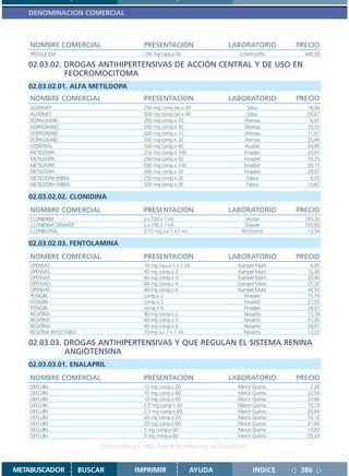 DENOMINACION COMERCIAL



    NOMBRE COMERCIAL                         PRESENTACION                   LABORATORIO      PRECIO
    PROGLICEM                                100 mg caps.x 50                 Schering-Plo     449,00

   02.03.02. DROGAS ANTIHIPERTENSIVAS DE ACCIÓN CENTRAL Y DE USO EN
             FEOCROMOCITOMA
   02.03.02.01. ALFA METILDOPA
    NOMBRE COMERCIAL                         PRESENTACION                   LABORATORIO      PRECIO
    ALDOMET                                  250 mg comp.rec.x 50                 Sidus         18,94
    ALDOMET                                  500 mg comp.rec.x 40                 Sidus         29,67
    DOPAGRAND                                250 mg comp.x 10                   Ahimsa           6,97
    DOPAGRAND                                250 mg comp.x 30                   Ahimsa          19,23
    DOPAGRAND                                500 mg comp.x 10                   Ahimsa          11,61
    DOPAGRAND                                500 mg comp.x 30                   Ahimsa          33,46
    DOPATRAL                                 500 mg comp.x 40                   Austral         24,90
    METILDOPA                                250 mg comp.x 100                  Finadiet        20,01
    METILDOPA                                250 mg comp.x 50                   Finadiet        10,25
    METILDOPA                                500 mg comp.x 100                  Finadiet        39,15
    METILDOPA                                500 mg comp.x 50                   Finadiet        20,01
    METILDOPA FABRA                          250 mg comp.x 20                    Fabra           8,55
    METILDOPA FABRA                          500 mg comp.x 20                    Fabra          13,67

   02.03.02.02. CLONIDINA
    NOMBRE COMERCIAL                         PRESENTACION                   LABORATORIO      PRECIO
    CLONIDINA                                a.x 100 x 1 ml                      Veinfar       745,20
    CLONIDINA DRAWER                         a.x 100 x 1 ml                     Drawer         730,00
    CLONIDURAL                               0.15 mg a.x 1 x 1 ml              Richmond         13,34

   02.03.02.03. FENTOLAMINA
    NOMBRE COMERCIAL                         PRESENTACION                   LABORATORIO      PRECIO
    OPENVAS                                  10 mg iny.a.x 1 x 1 ml           Kampel Marti       6,05
    OPENVAS                                  40 mg comp.x 2                   Kampel Marti      15,30
    OPENVAS                                  40 mg comp.x 3                   Kampel Marti      20,40
    OPENVAS                                  40 mg comp.x 4                   Kampel Marti      27,20
    OPENVAS                                  40 mg comp.x 6                   Kampel Marti      40,50
    POSIGIN                                  comp.x 2                           Finadiet        15,79
    POSIGIN                                  comp.x 3                           Finadiet        21,05
    POSIGIN                                  comp.x 4                           Finadiet        28,07
    REGITINA                                 40 mg comp.x 2                     Novartis        15,79
    REGITINA                                 40 mg comp.x 3                     Novartis        21,05
    REGITINA                                 40 mg comp.x 4                     Novartis        28,07
    REGITINA INYECTABLE                      10 mg a.x 1 x 1 ml                 Novartis        13,23

   02.03.03. DROGAS ANTIHIPERTENSIVAS Y QUE REGULAN EL SISTEMA RENINA
             ANGIOTENSINA
   02.03.03.01. ENALAPRIL
    NOMBRE COMERCIAL                         PRESENTACION                   LABORATORIO      PRECIO
    DEFLUIN                                  10 mg comp.x 20                  Merck Químic       7,26
    DEFLUIN                                  10 mg comp.x 40                  Merck Químic      22,56
    DEFLUIN                                  10 mg comp.x 60                  Merck Químic      33,66
    DEFLUIN                                  2.5 mg comp.x 30                 Merck Químic      10,73
    DEFLUIN                                  2.5 mg comp.x 60                 Merck Químic      20,64
    DEFLUIN                                  20 mg comp.x 20                  Merck Químic      14,12
    DEFLUIN                                  20 mg comp.x 60                  Merck Químic      41,84
    DEFLUIN                                  5 mg comp.x 30                   Merck Químic      13,83
    DEFLUIN                                  5 mg comp.x 60                   Merck Químic      29,23

                               Disponible en: http://www.femeba.org.ar/fundacion/


METABUSCADOR              BUSCAR          IMPRIMIR                  AYUDA           INDICE    386
 