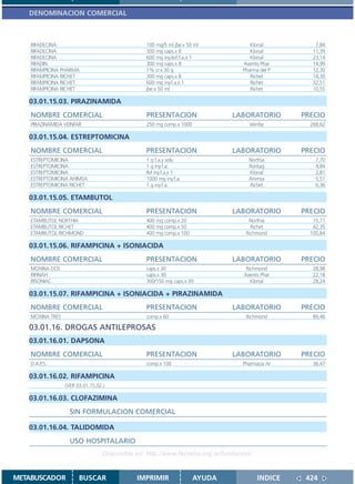 DENOMINACION COMERCIAL



    RIFADECINA                                   100 mg/5 ml jbe.x 50 ml             Klonal          7,84
    RIFADECINA                                   300 mg caps.x 8                     Klonal         11,39
    RIFADECINA                                   600 mg iny.liof.f.a.x 1             Klonal         23,14
    RIFADIN                                      300 mg caps.x 8                  Aventis Phar      14,99
    RIFAMPICINA PHARMA                           1% cr.x 30 g                     Pharma del P      12,30
    RIFAMPICINA RICHET                           300 mg caps.x 8                     Richet         14,30
    RIFAMPICINA RICHET                           600 mg iny.f.a.x 1                  Richet         32,51
    RIFAMPICINA RICHET                           jbe.x 50 ml                         Richet         10,55

   03.01.15.03. PIRAZINAMIDA
    NOMBRE COMERCIAL                             PRESENTACION                 LABORATORIO        PRECIO
    PIRAZINAMIDA VEINFAR                         250 mg comp.x 1000                 Veinfar        268,62

   03.01.15.04. ESTREPTOMICINA
    NOMBRE COMERCIAL                             PRESENTACION                 LABORATORIO        PRECIO
    ESTREPTOMICINA                               1 g f.a.y solv.                    Northia          7,70
    ESTREPTOMICINA                               1 g iny.f.a.                       Rontag           4,84
    ESTREPTOMICINA                               IM iny.f.a.x 1                     Klonal           2,81
    ESTREPTOMICINA AHIMSA                        1000 mg iny.f.a.                   Ahimsa           5,51
    ESTREPTOMICINA RICHET                        1 g iny.f.a.                       Richet           6,36

   03.01.15.05. ETAMBUTOL
    NOMBRE COMERCIAL                             PRESENTACION                 LABORATORIO        PRECIO
    ETAMBUTOL NORTHIA                            400 mg comp.x 20                   Northia         15,71
    ETAMBUTOL RICHET                             400 mg comp.x 50                    Richet         42,35
    ETAMBUTOL RICHMOND                           400 mg comp.x 100                 Richmond        105,84

   03.01.15.06. RIFAMPICINA + ISONIACIDA
    NOMBRE COMERCIAL                             PRESENTACION                 LABORATORIO        PRECIO
    MOXINA DOS                                   caps.x 30                         Richmond         28,98
    RIFINAH                                      caps.x 30                        Aventis Phar      22,18
    RISONIAC                                     300/150 mg caps.x 30                Klonal         28,24

   03.01.15.07. RIFAMPICINA + ISONIACIDA + PIRAZINAMIDA
    NOMBRE COMERCIAL                             PRESENTACION                 LABORATORIO        PRECIO
    MOXINA TRES                                  comp.x 60                         Richmond         89,46

   03.01.16. DROGAS ANTILEPROSAS
   03.01.16.01. DAPSONA
    NOMBRE COMERCIAL                             PRESENTACION                 LABORATORIO        PRECIO
    D.A.P.S.                                     comp.x 100                       Pharmacia Ar      36,47

   03.01.16.02. RIFAMPICINA
                  (VER 03.01.15.02.)

   03.01.16.03. CLOFAZIMINA
                    SIN FORMULACION COMERCIAL

   03.01.16.04. TALIDOMIDA
                    USO HOSPITALARIO
                                   Disponible en: http://www.femeba.org.ar/fundacion/


METABUSCADOR            BUSCAR                IMPRIMIR                AYUDA             INDICE    424
 