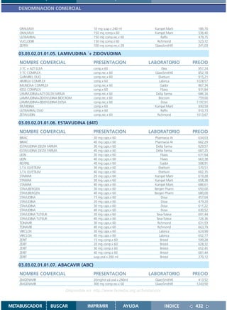 DENOMINACION COMERCIAL



    ORALMUV                                10 mg susp.x 240 ml             Kampel Marti      186,70
    ORALMUV                                150 mg comp.x 60                Kampel Marti      536,40
    ULTRAVIRAL                             150 mg comp.rec.x 60                Raffo         479,75
    VUCLODIR                               150 mg comp.x 60                 Richmond         523,72
    ZEFFIX                                 100 mg comp.rec.x 28            GlaxoSmithKl      241,03

   03.03.02.01.01.05. LAMIVUDINA `+ ZIDOVUDINA
    NOMBRE COMERCIAL                       PRESENTACION                 LABORATORIO        PRECIO
    3 TC + AZT ELEA                        comp.x 60                             Elea        957,24
    3 TC COMPLEX                           comp.rec.x 60                   GlaxoSmithKl      852,18
    GANVIREL DUO                           comp.rec.x 60                      Elvetium       915,21
    HIVIRUX COMPLEX                        comp.x 60                          Labinca       1028,57
    IMUNOXA COMPLEX                        comp.rec.x 60                       Gador         867,34
    KESS COMPLEX                           comp.x 60                            Filaxis      931,84
    LAMIVUDINA+AZT DELTA FARMA             comp.rec.x 60                    Delta Farma      686,34
    LAMIVUDINA+ZIDOVUDINA BIOCROM          comp.rec.x 60                      Biocrom        759,00
    LAMIVUDINA+ZIDOVUDINA DOSA             comp.rec.x 60                        Dosa        1197,91
    MUVIDINA                               comp.x 60                       Kampel Marti      930,59
    ULTRAVIRAL DUO                         comp.x 60                            Raffo        910,73
    ZETAVUDIN                              comp.rec.x 60                     Richmond       1013,67

   03.03.02.01.01.06. ESTAVUDINA (d4T)
    NOMBRE COMERCIAL                       PRESENTACION                 LABORATORIO        PRECIO
    BIRAC                                  30 mg caps.x 60                 Pharmacia Ar      634,03
    BIRAC                                  40 mg caps.x 60                 Pharmacia Ar      662,29
    ESTAVUDINA DELTA FARMA                 30 mg caps.x 60                  Delta Farma      629,57
    ESTAVUDINA DELTA FARMA                 40 mg caps.x 60                  Delta Farma      687,25
    LION                                   30 mg caps.x 60                      Filaxis      631,64
    LION                                   40 mg caps.x 60                      Filaxis      663,38
    REVIXIL                                40 mg caps.x 60                     Gador         508,91
    S.T.V. ELVETIUM                        30 mg caps.x 60                    Elvetium       570,51
    S.T.V. ELVETIUM                        40 mg caps.x 60                    Elvetium       602,35
    STAMAR                                 20 mg caps.x 60                 Kampel Marti      619,28
    STAMAR                                 30 mg caps.x 60                 Kampel Marti      658,38
    STAMAR                                 40 mg caps.x 60                 Kampel Marti      686,61
    STAVUBERGEN                            30 mg caps.x 60                 Bergen Pharm      650,00
    STAVUBERGEN                            40 mg caps.x 60                 Bergen Pharm      680,00
    STAVUDINA                              15 mg caps.x 60                      Dosa         457,04
    STAVUDINA                              20 mg caps.x 60                      Dosa         479,20
    STAVUDINA                              30 mg caps.x 60                      Dosa         611,22
    STAVUDINA                              40 mg caps.x 60                      Dosa         630,52
    STAVUDINA TUTEUR                       30 mg caps.x 60                  Teva-Tuteur      691,44
    STAVUDINA TUTEUR                       40 mg caps.x 60                  Teva-Tuteur      726,36
    TONAVIR                                30 mg caps.x 60                   Richmond        631,93
    TONAVIR                                40 mg caps.x 60                   Richmond        663,79
    VIRCLOX                                30 mg caps.x 60                    Labinca        624,99
    VIRCLOX                                40 mg caps.x 60                    Labinca        652,77
    ZERIT                                  15 mg comp.x 60                     Bristol       599,28
    ZERIT                                  20 mg comp.x 60                     Bristol       628,32
    ZERIT                                  30 mg comp.x 60                     Bristol       652,45
    ZERIT                                  40 mg comp.x 60                     Bristol       681,44
    ZERIT                                  susp.oral x 200 ml                  Bristol       270,12

   03.03.02.01.01.07. ABACAVIR (ABC)
    NOMBRE COMERCIAL                       PRESENTACION                 LABORATORIO        PRECIO
    ZIAGENAVIR                             20mg/ml sol.oral x 240ml         GlaxoSmithKl     413,52
    ZIAGENAVIR                             300 mg comp.rec.x 60             GlaxoSmithKl    1243,50

                             Disponible en: http://www.femeba.org.ar/fundacion/


METABUSCADOR          BUSCAR            IMPRIMIR                AYUDA             INDICE    432
 
