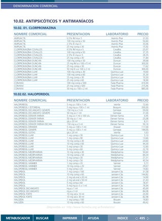 DENOMINACION COMERCIAL



   10.02. ANTIPSICÓTICOS Y ANTIMANÍACOS
   10.02. 01. CLORPROMAZINA
    NOMBRE COMERCIAL                       PRESENTACION                 LABORATORIO        PRECIO
    AMPLIACTIL                             0.5% IM iny.x 5                  Aventis Phar      31,93
    AMPLIACTIL                             100 mg comp.x 50                 Aventis Phar      50,60
    AMPLIACTIL                             2.5% IV iny.x 5                  Aventis Phar      33,06
    AMPLIACTIL                             25 mg comp.x 30                  Aventis Phar      15,92
    CLORPROMAZINA CEVALLOS                 0.5% IM iny.a.x 5                  Cevallos        25,07
    CLORPROMAZINA CEVALLOS                 100 mg comp.x 50                   Cevallos        37,35
    CLORPROMAZINA CEVALLOS                 2.5% IV iny.a.x 5                  Cevallos        28,35
    CLORPROMAZINA CEVALLOS                 25 mg comp.x 30                    Cevallos        11,84
    CLORPROMAZINA DUNCAN                   100 mg comp.x 50                   Duncan          39,68
    CLORPROMAZINA DUNCAN                   25 mg IM a.x 100 x 5 ml            Duncan         300,00
    CLORPROMAZINA DUNCAN                   25 mg comp.x 30                    Duncan          11,62
    CLORPROMAZINA DUNCAN                   50 mg IV a.x 100 x 2 ml            Duncan         300,00
    CLORPROMAZINA LUAR                     100 mg comp.x 30                 Química Luar      19,60
    CLORPROMAZINA LUAR                     100 mg comp.x 60                 Química Luar      35,30
    CLORPROMAZINA LUAR                     25 mg comp.x 30                  Química Luar      10,50
    CLORPROMAZINA LUAR                     25 mg comp.x 60                  Química Luar      18,90
    CON-RAX                                100 mg comp.x 500                Fada Pharma      410,94
    CON-RAX                                25 mg comp.x 500                 Fada Pharma      215,46
    CON-RAX                                50 mg a.x 100 x 2 ml             Fada Pharma      885,00

   10.02.02. HALOPERIDOL
    NOMBRE COMERCIAL                       PRESENTACION                 LABORATORIO        PRECIO
    HALOPERIDOL                            5 mg a.x 100 x 1 ml                Veinfar         72,60
    HALOPERIDOL / ZETORIDAL                5 mg iny.a.x 100 x 1 ml            Bioquim        200,00
    HALOPERIDOL DECANOATO GEMEPE           150 mg a.x 3 ml                    Gemepe          59,00
    HALOPERIDOL DECANOATO GEMEPE           50 mg a.x 1 ml                     Gemepe          31,00
    HALOPERIDOL DENVER FARMA               5 mg a.x 1 ml x 100 c/u         Denver Farma        0,95
    HALOPERIDOL DENVER FARMA               50 mg a.x 1 ml                  Denver Farma       25,08
    HALOPERIDOL DENVER FARMA               gts.x 20 ml                     Denver Farma        8,31
    HALOPERIDOL DENVER FARMA DECAN         150 mg a.x 3 ml                 Denver Farma       50,16
    HALOPERIDOL DRAWER                     5 mg a.x 100 x 1 ml                Drawer         117,00
    HALOPERIDOL GEMEPE                     5 mg a.x 100 x 1 ml                Gemepe         199,00
    HALOPERIDOL GOTAS                      gts.x 20 ml                        Veinfar          1,63
    HALOPERIDOL LUAR                       1 mg comp.x 30                  Química Luar        5,10
    HALOPERIDOL LUAR                       1 mg comp.x 90                  Química Luar       13,60
    HALOPERIDOL LUAR                       10 mg comp.x 30                 Química Luar       24,60
    HALOPERIDOL LUAR                       10 mg comp.x 60                 Química Luar       44,30
    HALOPERIDOL LUAR                       5 mg comp.x 30                  Química Luar       12,60
    HALOPERIDOL LUAR                       5 mg comp.x 60                  Química Luar       22,70
    HALOPERIDOL MEDIPHARMA                 10 mg comp.x 30                 Medipharma         50,60
    HALOPERIDOL MEDIPHARMA                 10 mg comp.x 50                 Medipharma         84,34
    HALOPERIDOL MEDIPHARMA                 5 mg comp.x 30                  Medipharma         27,31
    HALOPERIDOL MEDIPHARMA                 5 mg comp.x 50                  Medipharma         45,54
    HALOPERIDOL VANNIER                    1 mg comp.x 20                     Vannier          5,77
    HALOPERIDOL VANNIER                    10 mg comp.x 20                    Vannier         29,67
    HALOPERIDOL VANNIER                    5 mg comp.x 20                     Vannier         14,83
    HALOPIDOL                              1 mg comp.x 100                  Janssen-Cila      31,58
    HALOPIDOL                              10 mg comp.x 60                  Janssen-Cila     144,82
    HALOPIDOL                              2 mg sol.oral x 20 ml            Janssen-Cila      14,90
    HALOPIDOL                              2 mg sol.oral x 50 ml            Janssen-Cila      31,43
    HALOPIDOL                              5 mg comp.x 60                   Janssen-Cila      78,97
    HALOPIDOL                              5 mg iny.a.x 5 x 1 ml            Janssen-Cila      76,94
    HALOPIDOL DECANOATO                    iny.a.x 1 ml                     Janssen-Cila      45,69
    HALOPIDOL DECANOATO                    iny.a.x 3 ml                     Janssen-Cila      84,08
    HALOPIDOL FORTE                        10 mg sol.x 10 ml                Janssen-Cila      20,90
    HALOPIDOL FORTE                        10 mg sol.x 30 ml                Janssen-Cila      82,98
    HALOZEN                                1 mg comp.x 100                    Bouzen          19,83
    HALOZEN                                10 mg comp.x 60                    Bouzen          49,42

                             Disponible en: http://www.femeba.org.ar/fundacion/


METABUSCADOR         BUSCAR             IMPRIMIR                AYUDA             INDICE    495
 