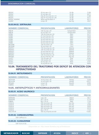 DENOMINACION COMERCIAL



    PROZAC                                       20 mg caps.x 14                     Eli Lilly      51,89
    PROZAC                                       20 mg caps.x 28                     Eli Lilly      92,71
    PROZAC                                       Disp.20 mg comp.ran.x 14            Eli Lilly      51,89
    PROZAC                                       Disp.20 mg comp.ran.x 28            Eli Lilly      92,71
    PROZAC DURAPAC                               90mg caps.lib.retard.x 4            Eli Lilly      92,71
    SAURAT                                       comp.x 30                         Ivax Arg.        29,47

   10.03.04.02. SERTRALINA
    NOMBRE COMERCIAL                             PRESENTACION                 LABORATORIO        PRECIO
    ANILAR                                       100 mg caps.x 20                Kampel Marti       56,90
    ANILAR                                       50 mg caps.x 20                 Kampel Marti       33,20
    ATENIX                                       100 mg comp.ran.x 20                Raffo          52,71
    ATENIX                                       25 mg comp.ran.x 30                 Raffo          20,36
    ATENIX                                       50 mg comp.ran.x 10                 Raffo          24,50
    ATENIX                                       50 mg comp.ran.x 20                 Raffo          28,79
    ATENIX                                       50 mg comp.ran.x 30                 Raffo          45,60
    ATENIX                                       50 mg comp.ran.x 60                 Raffo          80,90
    BICROMIL                                     100 mg comp.x 30                    Cetus          60,44
    BICROMIL                                     50 mg comp.x 30                     Cetus          45,52
    INSERTEC                                     100 mg comp.ran.x 20               Baliarda        52,71
    INSERTEC                                     100 mg comp.ran.x 30               Baliarda        69,50
    INSERTEC                                     50 mg comp.ran.x 20                Baliarda        28,79
    INSERTEC                                     50 mg comp.ran.x 30                Baliarda        46,36
    IRRADIAL                                     100 mg comp.rec.x 30              Ivax Arg.        93,20
    IRRADIAL                                     50 mg comp.rec.x 30               Ivax Arg.        59,14
    ZOLOFT                                       100 mg caps.x 20                    Pfizer         65,84
    ZOLOFT                                       100 mg tab.x 30                     Pfizer        119,30
    ZOLOFT                                       50 mg caps.x 20                     Pfizer         37,97
    ZOLOFT                                       50 mg tab.ran.x 30                  Pfizer         68,46

   10.04. TRATAMIENTO DEL TRASTORNO POR DEFICIT DE ATENCION CON
          HIPERACTIVIDAD
   10.04.01. METILFENIDATO
    NOMBRE COMERCIAL                             PRESENTACION                 LABORATORIO        PRECIO
    METHYLIN                                     10 mg comp.x 30                   Rontag           52,64
    METHYLIN                                     20 mg comp.x 30                   Rontag          105,27
    RITALINA                                     comp.x 30                         Novartis         63,90
    RUBIFEN                                      comp.x 30                         Omedir           55,30

   10.05. ANTIEPILÉPTICOS Y ANTICONVULSIVANTES
   10.05.01. ACIDO VALPROICO
    NOMBRE COMERCIAL                             PRESENTACION                 LABORATORIO        PRECIO
    DEPAKENE                                     caps.x 50                          Abbott          38,21
    DEPAKENE                                     jbe.x 120 ml                       Abbott          21,19
    EXIBRAL                                      jbe.x 120 ml                        Bagó           17,44
    LOGICAL                                      200 mg comp.x 30                  Ivax Arg.        13,65
    LOGICAL                                      200 mg comp.x 60                  Ivax Arg.        25,96
    LOGICAL                                      400 mg comp.x 30                  Ivax Arg.        26,09
    LOGICAL                                      400 mg comp.x 60                  Ivax Arg.        45,76
    LOGICAL                                      jbe.x 120 ml                      Ivax Arg.        17,32
    VALCOTE ER                                   500 mg comp.lib.cont.x50           Abbott         133,82

   10.05.02. CARBAMAZEPINA
               (VER CAPITULO 5)

   10.05.03. CLONAZEPAM
               (VER 10.01.01.03)

                                   Disponible en: http://www.femeba.org.ar/fundacion/


METABUSCADOR             BUSCAR               IMPRIMIR              AYUDA               INDICE    499
 