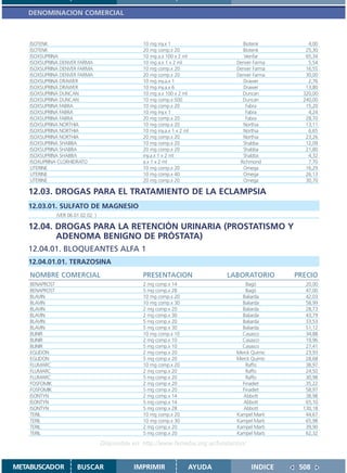 DENOMINACION COMERCIAL



    ISOTENK                                         10 mg iny.x 1                     Biotenk           4,00
    ISOTENK                                         20 mg comp.x 20                   Biotenk          25,30
    ISOXSUPRINA                                     10 mg a.x 100 x 2 ml               Veinfar         65,34
    ISOXSUPRINA DENVER FARMA                        10 mg a.x 1 x 2 ml              Denver Farma        5,54
    ISOXSUPRINA DENVER FARMA                        10 mg comp.x 20                 Denver Farma       16,55
    ISOXSUPRINA DENVER FARMA                        20 mg comp.x 20                 Denver Farma       30,00
    ISOXSUPRINA DRAWER                              10 mg iny.a.x 1                   Drawer            2,76
    ISOXSUPRINA DRAWER                              10 mg iny.a.x 6                   Drawer           13,80
    ISOXSUPRINA DUNCAN                              10 mg a.x 100 x 2 ml              Duncan          320,00
    ISOXSUPRINA DUNCAN                              10 mg comp.x 500                  Duncan          240,00
    ISOXSUPRINA FABRA                               10 mg comp.x 20                     Fabra          15,20
    ISOXSUPRINA FABRA                               10 mg iny.x 1                       Fabra           4,24
    ISOXSUPRINA FABRA                               20 mg comp.x 20                     Fabra          28,70
    ISOXSUPRINA NORTHIA                             10 mg comp.x 20                   Northia          13,11
    ISOXSUPRINA NORTHIA                             10 mg iny.a.x 1 x 2 ml            Northia           6,65
    ISOXSUPRINA NORTHIA                             20 mg comp.x 20                   Northia          23,26
    ISOXSUPRINA SHABBA                              10 mg comp.x 20                   Shabba           12,09
    ISOXSUPRINA SHABBA                              20 mg comp.x 20                   Shabba           21,80
    ISOXSUPRINA SHABBA                              iny.a.x 1 x 2 ml                  Shabba            4,32
    ISOXUPRINA CLORHIDRATO                          a.x 1 x 2 ml                     Richmond           7,70
    UTERINE                                         10 mg comp.x 20                   Omega            16,29
    UTERINE                                         10 mg comp.x 40                   Omega            26,13
    UTERINE                                         20 mg comp.x 20                   Omega            30,70

   12.03. DROGAS PARA EL TRATAMIENTO DE LA ECLAMPSIA
   12.03.01. SULFATO DE MAGNESIO
                (VER 06.01.02.02. )

   12.04. DROGAS PARA LA RETENCIÓN URINARIA (PROSTATISMO Y
          ADENOMA BENIGNO DE PRÓSTATA)
   12.04.01. BLOQUEANTES ALFA 1
   12.04.01.01. TERAZOSINA
    NOMBRE COMERCIAL                                PRESENTACION                 LABORATORIO        PRECIO
    BENAPROST                                       2 mg comp.x 14                      Bagó           20,00
    BENAPROST                                       5 mg comp.x 28                      Bagó           47,00
    BLAVIN                                          10 mg comp.x 20                   Baliarda         42,03
    BLAVIN                                          10 mg comp.x 30                   Baliarda         58,99
    BLAVIN                                          2 mg comp.x 20                    Baliarda         28,73
    BLAVIN                                          2 mg comp.x 30                    Baliarda         43,79
    BLAVIN                                          5 mg comp.x 20                    Baliarda         33,53
    BLAVIN                                          5 mg comp.x 30                    Baliarda         51,12
    BLINIR                                          10 mg comp.x 10                   Casasco          34,88
    BLINIR                                          2 mg comp.x 10                    Casasco          19,96
    BLINIR                                          5 mg comp.x 10                    Casasco          27,41
    EGLIDON                                         2 mg comp.x 20                  Merck Químic       23,93
    EGLIDON                                         5 mg comp.x 20                  Merck Químic       28,68
    FLUMARC                                         10 mg comp.x 20                    Raffo           38,97
    FLUMARC                                         2 mg comp.x 20                     Raffo           24,50
    FLUMARC                                         5 mg comp.x 20                     Raffo           30,98
    FOSFOMIK                                        2 mg comp.x 20                    Finadiet         35,22
    FOSFOMIK                                        5 mg comp.x 20                    Finadiet         58,97
    ISONTYN                                         2 mg comp.x 14                    Abbott           38,98
    ISONTYN                                         5 mg comp.x 14                    Abbott           65,10
    ISONTYN                                         5 mg comp.x 28                    Abbott          130,18
    TERIL                                           10 mg comp.x 20                 Kampel Marti       44,67
    TERIL                                           10 mg comp.x 30                 Kampel Marti       65,98
    TERIL                                           2 mg comp.x 20                  Kampel Marti       39,90
    TERIL                                           5 mg comp.x 20                  Kampel Marti       62,32

                                      Disponible en: http://www.femeba.org.ar/fundacion/


METABUSCADOR             BUSCAR                  IMPRIMIR                AYUDA             INDICE    508
 