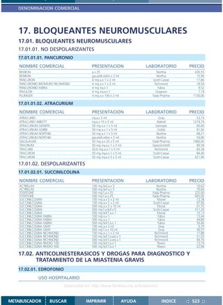 DENOMINACION COMERCIAL




   17. BLOQUEANTES NEUROMUSCULARES
   17.01. BLOQUEANTES NEUROMUSCULARES
   17.01.01. NO DESPOLARIZANTES
   17.01.01.01. PANCURONIO
    NOMBRE COMERCIAL                          PRESENTACION                      LABORATORIO      PRECIO
    BEMICIN                                   a.x 25                                Northia        430,55
    BEMICIN                                   jga.prell.vidrio x 2 ml               Northia         15,99
    PANCURON                                  4 mg a.x 1 x 2 ml                   Scott-Cassar      17,80
    PANCURONIO BROMURO RICHMOND               4 mg a.x 1 x 2 ml                    Richmond         18,50
    PANCURONIO FABRA                          4 mg iny.x 1                            Fabra          9,52
    PAVULON                                   4 mg iny.a.x 1                        Organon          7,19
    PLUMGER                                   4 mg a.x 100 x 2 ml                 Fada Pharma     1730,00

   17.01.01.02. ATRACURIUM
    NOMBRE COMERCIAL                          PRESENTACION                      LABORATORIO      PRECIO
    ATRACURIO                                 iny.a.x 5 ml                            Gray          53,73
    ATRACURIO ABBOTT                          iny.a.x 10 x 5 ml                      Abbott       1274,79
    ATRACURIUM GEMEPE                         50 mg a.x 1 x 5 ml                    Gemepe          60,00
    ATRACURIUM GOBBI                          50 mg a.x 1 x 5 ml                     Gobbi          81,92
    ATRACURIUM NORTHIA                        50 mg a.x 1 x 5 ml                     Northia        68,21
    ATRACURIUM NORTHIA                        jga.prell.vidrio x 5 ml                Northia        54,80
    GELOLAGAR                                 50 mg a.x 25 x 5 ml                 Fada Pharma     1980,00
    TRACRIUM                                  50 mg iny.a.x 1 x 5 ml              GlaxoSmithKl      89,58
    TRACURIX                                  50.6 mg a.x 1 x 5 ml                 Richmond         83,38
    TRACURON                                  50 mg iny.a.x 1 x 5 ml              Scott-Cassar      84,40
    TRACURON                                  50 mg iny.a.x 5 x 5 ml              Scott-Cassar     421,90

   17.01.02. DESPOLARIZANTES
   17.01.02.01. SUCCINILCOLINA
    NOMBRE COMERCIAL                          PRESENTACION                      LABORATORIO      PRECIO
    ACTIRELAX                                 100 mg liof.a.x 5                     Northia         16,62
    ACTIRELAX                                 500 mg liof.a.x 5                     Northia         70,64
    FOSFITONE                                 100 mg f.a.x 25                     Fada Pharma      225,00
    FOSFITONE                                 500 mg f.a.x 25                     Fada Pharma      445,00
    SUCCINILCOLINA                            100 mg a.x 5 x 2 ml                    Klonal         12,38
    SUCCINILCOLINA                            100 mg a.x 5 x 2 ml                 Scott-Cassar      97,90
    SUCCINILCOLINA                            500 mg a.x 5 x 10 ml                   Klonal         61,75
    SUCCINILCOLINA                            500 mg f.a.liof.x 5                 Scott-Cassar     311,20
    SUCCINILCOLINA                            500 mg liof.f.a.x 1                    Klonal         15,13
    SUCCINILCOLINA FABRA                      100 mg a.x 1                            Fabra         13,44
    SUCCINILCOLINA FABRA                      500 mg a.x 1                            Fabra         44,80
    SUCCINILCOLINA FABRA                      500 mg liof.f.a.x 1                     Fabra         50,40
    SUCCINILCOLINA GRAY                       100 mg a.x 2 ml                         Gray           6,70
    SUCCINILCOLINA GRAY                       500 mg f.a x 10 ml                      Gray          36,57
    SUCCINILCOLINA RICHMOND                   100 mg a.x 1 x 2 ml                  Richmond         11,88
    SUCCINILCOLINA RICHMOND                   100 mg liof.f.a.est.x 1              Richmond         51,03
    SUCCINILCOLINA RICHMOND                   500 mg liof.f.a.est.x 1              Richmond         99,76
    SUCCINILCOLINA RIVERO 100                 100 mg liof.f.a.x 1                    Rivero         13,74
    SUCCINILCOLINA RIVERO 500                 500 mg liof.f.a.x 1                    Rivero         22,66

   17.02. ANTICOLINESTERASICOS Y DROGAS PARA DIAGNOSTICO Y
          TRATAMIENTO DE LA MIASTENIA GRAVIS
   17.02.01. EDROFONIO
                USO HOSPITALARIO
                                Disponible en: http://www.femeba.org.ar/fundacion/


METABUSCADOR           BUSCAR              IMPRIMIR                     AYUDA           INDICE    523
 