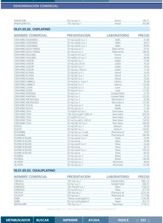DENOMINACION COMERCIAL



    PARAPLATIN                             50 mg iny.x 1                      Bristol        140,11
    PARAPLATIN RTU                         150 mg iny.x 1                     Bristol        367,86

   18.01.05.02. CISPLATINO
    NOMBRE COMERCIAL                       PRESENTACION                  LABORATORIO       PRECIO
    CISPLATINO ASOFARMA                    10 mg iny.liof.f.a.x 1               Raffo         21,69
    CISPLATINO ASOFARMA                    25 mg iny.liof.f.a.x 1               Raffo         43,27
    CISPLATINO ASOFARMA                    50 mg iny.liof.f.a.x 1               Raffo         95,95
    CISPLATINO DELTA FARMA                 10 mg iny.f.a.x 1                Delta Farma       37,41
    CISPLATINO DELTA FARMA                 50 mg iny.f.a.x 1                Delta Farma      196,95
    CISPLATINO FAULDING                    10 mg/10 ml f.a.x 1                 Dronor         14,50
    CISPLATINO FAULDING                    50 mg/50 ml f.a.x 1                 Dronor         64,80
    CISPLATINO GADOR                       10 mg liof.f.a.x 1                  Gador          15,90
    CISPLATINO GADOR                       10 mg sol.x 20 ml                   Gador          15,25
    CISPLATINO GADOR                       50 mg liof.f.a.x 1                  Gador          74,55
    CISPLATINO GADOR                       50 mg sol.x 100 ml                  Gador          71,30
    CISPLATINO KLONAL                      10 mg liof.f.a.x 1                  Klonal         14,30
    CISPLATINO KLONAL                      25 mg liof.f.a.x 1                  Klonal         32,76
    CISPLATINO KLONAL                      50 mg liof.f.a.x 1                  Klonal         72,83
    CISPLATINO LABINCA                     10 mg liof.f.x 1+a.x 1             Labinca         35,48
    CISPLATINO LABINCA                     50 mg liof.f.a.x 1                 Labinca        123,82
    CISPLATINO LAZAR                       10 mg liof.f.a.x 1                   Lazar         25,32
    CISPLATINO LAZAR                       50 mg liof.f.a.x 1                   Lazar        111,87
    CISPLATINO MARTIAN                     10 mg f.a.x 1                   Kampel Marti       27,35
    CISPLATINO MARTIAN                     50 mg f.a.x 1                   Kampel Marti      122,62
    CISPLATINO MICROSULES                  10 mg f.a.x 1                   Microsules A       25,96
    CISPLATINO MICROSULES                  50 mg f.a.x 1                   Microsules A      121,82
    CISPLATINO PLACIS                      10 mg iny.f.a.x 1                   Abello         21,50
    CISPLATINO PLACIS                      50 mg iny.f.a.x 1                   Abello         71,30
    CISPLATINO TEVA                        10 mg/20 ml f.a.x 1              Teva-Tuteur       35,81
    CISPLATINO TEVA                        100 mg fco.perf.x 200 ml         Teva-Tuteur      265,30
    CISPLATINO TEVA                        25 mg/50 ml f.a.x 1              Teva-Tuteur       62,53
    CISPLATINO TEVA                        50 mg fco.perf.x 100 ml          Teva-Tuteur      154,53
    CISPLATINO TEVA                        50 mg/100 ml f.a.x 1             Teva-Tuteur      206,26
    ELVECIS                                10 mg liof.f.a.x 1                 Elvetium        25,49
    ELVECIS                                50 mg liof.f.a.x 1                 Elvetium       120,01
    PLATAMINE                              10 mg iny.f.a.x 1+solv.         Pharmacia Ar       73,87
    PLATAMINE                              50 mg iny.f.a.x 1+solv.         Pharmacia Ar      282,96
    PLATINO II FILAXIS                     10 mg iny.liof.f.a.x 1               Filaxis       23,95
    PLATINO II FILAXIS                     10 mg sol.iny.                      Filaxis        18,96
    PLATINO II FILAXIS                     25 mg iny.liof.f.a.x 1               Filaxis       53,28
    PLATINO II FILAXIS                     25 mg sol.iny.                      Filaxis        42,15
    PLATINO II FILAXIS                     50 mg iny.liof.f.a.x 1               Filaxis      105,33
    PLATINO II FILAXIS                     50 mg sol.iny.                      Filaxis        83,35
    PLATINOL                               10 mg iny.f.a.x 1                   Bristol        51,25
    PLATINOL                               50 mg iny.f.a.x 1                   Bristol       236,49
    SICATEM                                10 mg iny.f.a.x 1                 Richmond         40,56
    SICATEM                                50 mg iny.f.a.x 1                 Richmond        137,56

   18.01.05.03. OXALIPLATINO
    NOMBRE COMERCIAL                       PRESENTACION                  LABORATORIO       PRECIO
    CRISAPLA                               100 mg f.a.x 1                  Kampel Marti     1861,12
    CRISAPLA                               50 mg f.a.x 1                   Kampel Marti      930,57
    DABENZOL                               100 mg liof.f.a.x 1                 Filaxis      1726,22
    DABENZOL                               50 mg liof.f.a.x 1                  Filaxis       877,03
    DACPLAT                                100 mg iny.x 1                  Pharmacia Ar     2235,36
    DACPLAT                                50 mg iny.x 1                   Pharmacia Ar     1117,68
    KEBIR                                  100mg f.a.liof.p/perf.x1           Aspen         1745,45
    KEBIR                                  50 mg f.a.liof.p/perf.x1           Aspen          872,72
    METAPLATIN                             100 mg f.a.x 1                   Teva-Tuteur     1776,12

                             Disponible en: http://www.femeba.org.ar/fundacion/


METABUSCADOR          BUSCAR            IMPRIMIR                 AYUDA            INDICE    533
 
