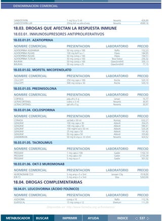 DENOMINACION COMERCIAL



    SANDOSTATIN                          1 mg fco.x 5 ml                    Novartis       426,69
    SANDOSTATIN LAR                      20mg liof.+a.solv.x2+eq.           Novartis      4590,16

   18.03. DROGAS QUE AFECTAN LA RESPUESTA INMUNE
   18.03.01. INMUNOSUPRESORES ANTIPROLIFERATIVOS
   18.03.01.01. AZATIOPRINA
    NOMBRE COMERCIAL                     PRESENTACION                  LABORATORIO       PRECIO
    AZATIOPRINA ASOFARMA                 50 mg comp.x 100                     Raffo        152,23
    AZATIOPRINA FILAXIS                  100 mg liof.f.a.x 1                  Filaxis      184,95
    AZATIOPRINA FILAXIS                  50 mg comp.x 100                     Filaxis      194,51
    AZATIOPRINA TUTEUR                   50 mg comp.x 100                  Teva-Tuteur     230,32
    IMURAN                               50 mg comp.x 100                 GlaxoSmithKl     330,13
    IMURAN                               50 mg comp.x 25                  GlaxoSmithKl      77,15

   18.03.01.02. MOFETIL MICOFENOLATO
    NOMBRE COMERCIAL                     PRESENTACION                  LABORATORIO       PRECIO
    CELLCEPT                             250 mg caps.x 100                   Roche         520,10
    CELLCEPT                             500 mg comp.x 50                    Roche         520,10

   18.03.01.03. PREDNISOLONA
    NOMBRE COMERCIAL                     PRESENTACION                  LABORATORIO       PRECIO
    CORTIZUL                             pda.oft.x 5 g                       Lersan         10,77
    ULTRACORTENOL                        colirio x 5 ml                     Novartis        30,97
    ULTRACORTENOL                        gel oft.x 5 g                      Novartis        30,97

   18.03.01.04. CICLOSPORINA
    NOMBRE COMERCIAL                     PRESENTACION                  LABORATORIO       PRECIO
    CERMOX                               sol.beb.x 50 ml                    Rontag         632,27
    GENGRAF                              100 mg caps.x 30                   Abbott         354,25
    GENGRAF                              100 mg caps.x 50                   Abbott         590,41
    GENGRAF                              100 mg/ml sol.x 50 ml              Abbott         520,26
    GENGRAF                              25 mg caps.x 50                    Abbott         191,42
    GENGRAF                              50 mg caps.x 50                    Abbott         335,60
    SANDIMMUN                            50 mg IV iny.a.x 10 x5ml           Novartis       424,52

   18.03.01.05. TACROLIMUS
    NOMBRE COMERCIAL                     PRESENTACION                  LABORATORIO       PRECIO
    PROGRAF                              1 mg caps.x 100                     Gador        1102,14
    PROGRAF                              5 mg caps.x 50                      Gador        2755,39
    PROGRAF                              5 mg iny.a.x 1                      Gador         501,52

   18.03.01.06. OKT-3 MUROMONAB
    NOMBRE COMERCIAL                     PRESENTACION                  LABORATORIO       PRECIO
    MURONOMAB CD3                        5 mg amp x 5 x 5ml               Janssen Cilg    7018,00
    IOR-T3                               5 mg amp x 5 x 5ml                   Elea        5263,00

   18.04. DROGAS COMPLEMENTARIAS
   18.04.01. LEUCOVORINA (ÁCIDO FOLÍNICO)
    NOMBRE COMERCIAL                     PRESENTACION                  LABORATORIO       PRECIO
    ASOVORIN                             comp.x 10                            Raffo        112,76
    ELVEFOCAL                            15 mg comp.x 12                    Elvetium       111,39

                           Disponible en: http://www.femeba.org.ar/fundacion/


METABUSCADOR          BUSCAR          IMPRIMIR                 AYUDA            INDICE    537
 