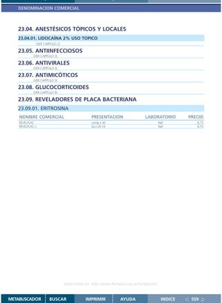 DENOMINACION COMERCIAL



   23.04. ANESTÉSICOS TÓPICOS Y LOCALES
   23.04.01. LIDOCAÍNA 2% USO TOPICO
              (VER CAPITULO 2)

   23.05. ANTIINFECCIOSOS
             (VER CAPITULO 3)

   23.06. ANTIVIRALES
             (VER CAPITULO 3)

   23.07. ANTIMICÓTICOS
             (VER CAPÍTULO 3)

   23.08. GLUCOCORTICOIDES
             (VER CAPÍTULO 9)

   23.09. REVELADORES DE PLACA BACTERIANA
   23.09.01. ERITROSINA
    NOMBRE COMERCIAL                           PRESENTACION                 LABORATORIO         PRECIO
    REVELPLAC                                  comp.x 30                              Naf          6,75
    REVELPLAC L                                liq.x 20 ml                            Naf          6,75




                                 Disponible en: http://www.femeba.org.ar/fundacion/


METABUSCADOR           BUSCAR               IMPRIMIR           AYUDA                   INDICE    559
 