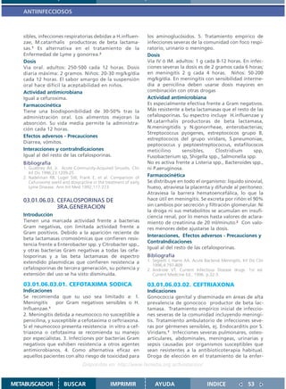 ANTIINFECCIOSOS



   sibles, infecciones respiratorias debidas a H.influen-           los aminoglucósidos. 5. Tratamiento empírico de
   zae, M.catarrhalis productoras de beta lactama-                  infecciones severas de la comunidad con foco respi-
   sas.1 Es alternativa en el tratamiento de la                     ratorio, urinario o meníngeo.
   Enfermedad de Lyme y gonorrea.2                                  Dosis
   Dosis                                                            Vía IV ó IM. adultos: 1 g cada 8-12 horas. En infec-
   Via oral. adultos: 250-500 cada 12 horas. Dosis                  ciones severas la dosis es de 2 gramos cada 6 horas;
   diaria máxima: 2 gramos. Niños: 20-30 mg/kg/dia                  en meningitis 2 g cada 4 horas. Niños: 50-200
   cada 12 horas. El sabor amargo de la suspensión                  mg/kg/dia. En meningitis con sensibilidad interme-
   oral hace difícil la aceptabilidad en niños.                     dia a penicilina deben usarse dosis mayores en
   Actividad antimicrobiana                                         combinación con otras drogas
   Igual a cefuroxima.                                              Actividad antimicrobiana
   Farmacocinética                                                  Es especialmente efectiva frente a Gram negativos.
   Tiene una biodisponibilidad de 30-50% tras la                    Más resistente a beta lactamasas que el resto de las
   administración oral. Los alimentos mejoran la                    cefalosporinas. Su espectro incluye H.influenzae y
   absorción. Su vida media permite la administra-                  M.catarrhalis productoras de beta lactamasa,
   ción cada 12 horas.                                              N.meningitidis y N.gonorrheae, enterobacterias;
                                                                    Streptococcus pyogenes, estreptococos grupo B,
   Efectos adversos - Precauciones
                                                                    estreptococos del grupo viridans, S.pneumoniae,
   Diarrea, vómitos.
                                                                    peptococcus y peptoestreptococcus, estafilococos
   Interacciones y contraIndicaciones                               meticilino       sensibles,     Clostridium       spp,
   Igual al del resto de las cefalosporinas.                        Fusobacterium sp, Shigella spp., Salmonella spp.
   Bibliografía                                                     No es activa frente a Listeria spp., Bacteroides spp.,
   1. Gualtney JM, Jr. Acute Community-Acquired Sinusitis. Clin     ni P.aeruginosa.
      Inf Dis 1996;23:1209-25
   2. Nadelman RB, Luger SW, Frank E, et al. Comparison of          Farmacocinética
      Cefuroxime axetil and doxycycline in the treatment of early   Se distribuye en todo el organismo: líquido sinovial,
      Lyme Disease. Ann Int Med 1992;117:273                        hueso, atraviesa la placenta y difunde al peritoneo.
                                                                    Atraviesa la barrera hematoencefálica, lo que la
   03.01.06.03. CEFALOSPORINAS DE                                   hace útil en meningitis. Se excreta por riñón el 90%
                3RA.GENERACION                                      sin cambios por secreción y filtración glomerular. Ni
                                                                    la droga ni sus metabolitos se acumulan en insufi-
   Introducción                                                     ciencia renal, por lo menos hasta valores de aclara-
   Tienen una marcada actividad frente a bacterias                  miento de creatinina de 20 ml/minuto.2 Con valo-
   Gram negativas, con limitada actividad frente a                  res menores debe ajustarse la dosis.
   Gram positivos. Debido a la aparición reciente de
                                                                    Interacciones, Efectos adversos - Precauciones y
   beta lactamasas cromosómicas que confieren resis-
                                                                    ContraIndicaciones
   tencia frente a Enterobacter spp. y Citrobacter spp.,
                                                                    Igual al del resto de las cefalosporinas.
   y otras bacterias Gram negativas a todas las cefa-
   losporinas y a las beta lactamasas de espectro                   Bibliografía
   extendido plasmídicas que confieren resistencia a                1. Segretti J, Harris AA. Acute Bacterial Meningitis. Inf Dis Clin
                                                                       1996;4:797-809
   cefalosporinas de tercera generación, su potencia y              2. Andriole VT. Current Infectious Disease drugs. 1st ed.
   extensión del uso se ha visto disminuída.                           Current Medicine Ed.; 1996. p.32-3.

   03.01.06.03.01. CEFOTAXIMA SODICA                                03.01.06.03.02. CEFTRIAXONA
   Indicaciones                                                     Indicaciones
   Se recomienda que su uso sea limitado a: 1.                      Gonococcia genital y diseminada en áreas de alta
   Meningitis      por Gram negativos sensibles o H.                prevalencia de gonococo productor de beta lac-
   Influenzae.1                                                     tamasa. Tratamiento empírico inicial de infeccio-
   2. Meningitis debida a neumococo no susceptible a                nes severas de la comunidad incluyendo meningi-
   penicilina, y susceptible a cefotaxima o ceftriaxona.            tis. Tratamiento ambulatorio de infecciones seve-
   Si el neumococo presenta resistencia in vitro a cef-             ras por gérmenes sensibles, ej. Endocarditis por S.
   triaxona o cefotaxima se recomienda su manejo                    Viridans.1 Infecciones severas pulmonares, osteo-
   por especialistas. 3. Infecciones por bacterias Gram             articulares, abdominales, meníngeas, urinarias y
   negativos que exhiben resistencia a otros agentes                sepsis causadas por organismos susceptibles que
   antimicrobianos. 4. Como alternativa eficaz en                   sean resistentes a la antibioticoterapia habitual.
   aquellos pacientes con alto riesgo de toxicidad para             Droga de elección en el tratamiento de la enfer-
                                  Disponible en: http://www.femeba.org.ar/fundacion/


METABUSCADOR            BUSCAR                   IMPRIMIR               AYUDA                         INDICE                 53
 