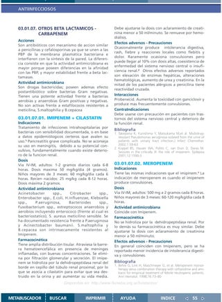 ANTIINFECCIOSOS



   03.01.07. OTROS BETA LACTAMICOS -                        Debe ajustarse la dosis con aclaramiento de creati-
             CARBAPENEM                                     nina menor a 50 ml/minuto. Se remueve por hemo-
                                                            diálisis.
   Acciones
                                                            Efectos adversos - Precauciones
   Son antibióticos con mecanismo de accion similar
                                                            Ocasionalmente produce intolerancia digestiva,
   a penicilinas y cefalosporinas ya que se unen a las
                                                            rash, fiebre y reacciones locales como flebitis y
   PBP de la membrana plasmática bacteriana e
                                                            dolor. Raramente ocasiona convulsiones pero
   interfieren con la síntesis de la pared. La diferen-
                                                            puede llegar al 10% con dosis altas, coexistencia de
   cia consiste en que la actividad antimicrobiana es
                                                            enfermedad del sistema nervioso central o insufi-
   mayor porque poseen diferencias en la afinidad
   con las PBP, y mayor estabilidad frente a beta lac-      ciencia renal.2 Otros efectos adversos reportados
   tamasas.                                                 son elevación de enzimas hepáticas, alteraciones
                                                            hematológicas, aumento de urea y creatinina. En la
   Actividad antimicrobiana
                                                            mitad de los pacientes alérgicos a penicilina tiene
   Son drogas bactericidas; poseen ademas efecto
                                                            reactividad cruzada.
   postantibiótico sobre bacterias Gram negativas.
   Tienen una potente actividad frente a bacterias          Interacciones
   aerobias y anaerobias Gram positivas y negativas.        Probenecid. Aumenta la toxicidad con ganciclovir y
   No son activas frente a estafilococos resistentes a      produce mas frecuentemente convulsiones.
   meticilina, S.maltophilia y B.cepacea                    ContraIndicaciones
                                                            Debe usarse con precaución en pacientes con tras-
   03.01.07.01. IMIPENEM + CILASTATIN                       tornos del sistema nervioso central y deterioro de
   Indicaciones                                             la función renal.
   Tratamiento de infecciones intrahospitalarias por
                                                            Bibliografía
   bacterias con sensibilidad documentada, o en base        1. Takeyama K, Kunishima Y, Matsukama M,et al. Multidrug-
   a datos epidemiólogicos certeros que avalen su              resistant Pseudomonas aeruginosa isolated from the urine of
   uso.1 Pancreatitis grave complicada. No se aconseja         patients with urinary tract infection.J Infect Chemother.
   su uso en meningitis, debido a su potencial con-            2002;1:59-63
                                                            2. Koppel BS, Hauser WA, Politis C, van Duin D, Daras M.
   vulsivo, fundamentalmente cuando existe deterio-            Seizures in the critically ill: the role of imipenem. Epilepsia
   ro de la funcion renal.                                     2001;12:1590-3
   Dosis
   Vía IV-IM, adultos: 1-2 gramos diarios cada 6-8          03.01.07.02. MEROPENEM
   horas. Dosis maxima 50 mg/kg/dia (4 gramos).             Indicaciones
   Niños mayores de 3 meses: 60 mg/kg/dia cada 6            Tiene las mismas indicaciones que el imipinem.1 La
   horas. Recien nacidos: 25 mg/kg cada 8-12 horas.         indicación de meropenem es cuando el imipenem
   Dosis máxima 2 gramos.                                   produce convulsiones.
   Actividad antimicrobiana                                 Dosis
   Acinetobacter        spp.,    Citrobacter        spp.,   Vía IV-IM, adultos: 500 mg a 2 gramos cada 8 horas.
   Enterobacter spp., E.coli, H.influenzae, Klebsiella      Niños mayores de 3 meses: 60-120 mg/kg/dia cada 8
   spp.,      P.aeruginosa,      Bacteroides        spp.,   horas.
   Fusobacterium spp., estreptococos anaerobios y           Actividad antimicrobiana
   aerobios incluyendo enterococo (frente al cual es        Coincide con Imipenem.
   bacteriostatico), S. aureus meticilino sensible. Se      Farmacocinética
   ha documentado resistencia frente a P.aeruginosa         No se hidroliza por la dehidropeptidasa renal. Por
   y Acinectobacter baumanii. S.maltophilia y               lo demás su farmacocinética es muy similar. Debe
   B.cepacea son intrínsecamente resistentes al             ajustarse la dosis con aclaramiento de creatinina
   Imipenem.                                                menor a 50 ml/minuto.
   Farmacocinética                                          Efectos adversos - Precauciones
   Tiene amplia distribución tisular. Atraviesa la barre-   En general coinciden con Imipenem, pero se ha
   ra hematoencefálica en presencia de meninges             reportado menor incidencia de intolerancia digesti-
   inflamadas, con buenas concentraciones. Se elimi-        va y convulsiones.
   na por filtración glomerular y secreción. El imipe-
   nem se hidroliza por la dehidropeptidasa renal del       Bibliografía
                                                            1. Behre G, Link H, Maschmeyer G, et al. Meropenem monot-
   borde en cepillo del túbulo renal proximal, por lo          herapy verus combination therapy with ceftazidime and ami-
   que se asocia a cilastatin para evitar que sea des-         kacin for empirical treatment of febrile neutropenic patients.
   truido en la orina y así aumentar su vida media.            Ann Hematol. 1998;76:73–80

                              Disponible en: http://www.femeba.org.ar/fundacion/


METABUSCADOR         BUSCAR                IMPRIMIR             AYUDA                         INDICE                 55
 