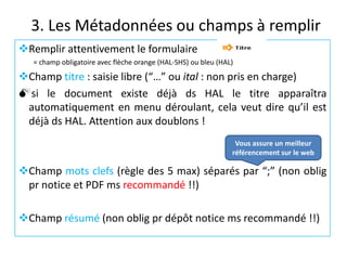 3. Les Métadonnées ou champs à remplir
Remplir attentivement le formulaire
= champ obligatoire avec flèche orange (HAL-SHS) ou bleu (HAL)
Champ titre : saisie libre (“…” ou ital : non pris en charge)
si le document existe déjà ds HAL le titre apparaîtra
automatiquement en menu déroulant, cela veut dire qu’il est
déjà ds HAL. Attention aux doublons !
Champ mots clefs (règle des 5 max) séparés par “;” (non oblig
pr notice et PDF ms recommandé !!)
Champ résumé (non oblig pr dépôt notice ms recommandé !!)
Vous assure un meilleur
référencement sur le web
 
