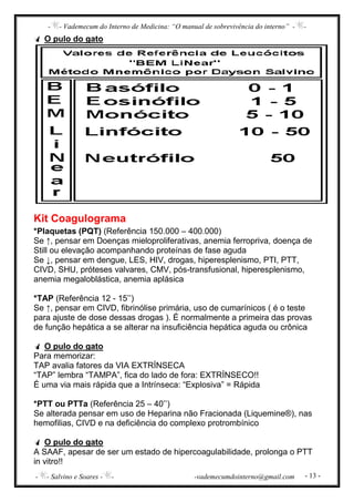 - - Vademecum do Interno de Medicina: “O manual de sobrevivência do interno” - -
- - Salvino e Soares - - -vademecumdointerno@gmail.com - 13 -
O pulo do gato
Kit Coagulograma
*Plaquetas (PQT) (Referência 150.000 – 400.000)
Se ↑, pensar em Doenças mieloproliferativas, anemia ferropriva, doença de
Still ou elevação acompanhando proteínas de fase aguda
Se ↓, pensar em dengue, LES, HIV, drogas, hiperesplenismo, PTI, PTT,
CIVD, SHU, próteses valvares, CMV, pós-transfusional, hiperesplenismo,
anemia megaloblástica, anemia aplásica
*TAP (Referência 12 - 15’’)
Se ↑, pensar em CIVD, fibrinólise primária, uso de cumarínicos ( é o teste
para ajuste de dose dessas drogas ). É normalmente a primeira das provas
de função hepática a se alterar na insuficiência hepática aguda ou crônica
O pulo do gato
Para memorizar:
TAP avalia fatores da VIA EXTRÍNSECA
“TAP” lembra “TAMPA”, fica do lado de fora: EXTRÍNSECO!!
É uma via mais rápida que a Intrínseca: “Explosiva” = Rápida
*PTT ou PTTa (Referência 25 – 40’’)
Se alterada pensar em uso de Heparina não Fracionada (Liquemine®), nas
hemofilias, CIVD e na deficiência do complexo protrombínico
O pulo do gato
A SAAF, apesar de ser um estado de hipercoagulabilidade, prolonga o PTT
in vitro!!
 