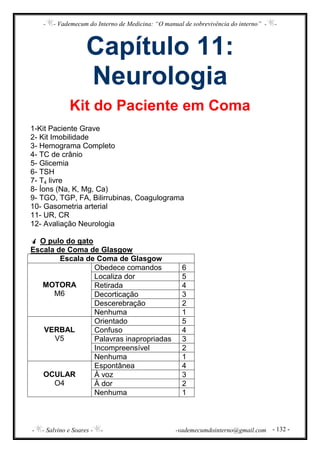 - - Vademecum do Interno de Medicina: “O manual de sobrevivência do interno” - -
- - Salvino e Soares - - -vademecumdointerno@gmail.com - 132 -
Capítulo 11:
Neurologia
Kit do Paciente em Coma
1-Kit Paciente Grave
2- Kit Imobilidade
3- Hemograma Completo
4- TC de crânio
5- Glicemia
6- TSH
7- T4 livre
8- Íons (Na, K, Mg, Ca)
9- TGO, TGP, FA, Bilirrubinas, Coagulograma
10- Gasometria arterial
11- UR, CR
12- Avaliação Neurologia
O pulo do gato
Escala de Coma de Glasgow
Escala de Coma de Glasgow
MOTORA
M6
Obedece comandos 6
Localiza dor 5
Retirada 4
Decorticação 3
Descerebração 2
Nenhuma 1
VERBAL
V5
Orientado 5
Confuso 4
Palavras inapropriadas 3
Incompreensível 2
Nenhuma 1
OCULAR
O4
Espontânea 4
À voz 3
À dor 2
Nenhuma 1
 