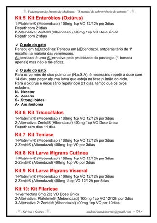 - - Vademecum do Interno de Medicina: “O manual de sobrevivência do interno” - -
- - Salvino e Soares - - -vademecumdointerno@gmail.com - 159 -
Kit 5: Kit Enteróbios (Oxiúrus)
1-Platelmin® (Mebendazol) 100mg 1cp VO 12/12h por 3dias
Repetir com 21dias
2-Alternativa: Zentel® (Albendazol) 400mg 1cp VO Dose Única
Repetir com 21dias
O pulo do gato
Pensou em MEtazoários: Pensou em MEbendazol, antiparasitário de 1ª
escolha na maioria das verminoses.
ALbendazol é uma ALternativa pela praticidade da posologia (1 tomada
apenas) mas não é tão eficaz.
O pulo do gato
Para os vermes de ciclo pulmonar (N.A.S.A), é necessário repetir a dose com
14 dias, para pegar alguma larva que esteja na fase pulmão do ciclo.
Para o oxiúrus é necessário repetir com 21 dias, tempo que os ovos
eclodem.
N- Necator
A- Ascaris
S- Strongiloides
A- Ansilostoma
Kit 6: Kit Tricocéfalos
1-Platelmin® (Mebendazol) 100mg 1cp VO 12/12h por 3dias
2-Alternativa: Zentel® (Albendazol) 400mg 1cp VO Dose Única
Repetir com dias 14 dias
Kit 7: Kit Teníase
1-Platelmin® (Mebendazol) 100mg 1cp VO 12/12h por 3dias
2-Zentel® (Albendazol) 400mg 1cp VO por 3dias
Kit 8: Kit Larva Migrans Cutânea
1-Platelmin® (Mebendazol) 100mg 1cp VO 12/12h por 3dias
2-Zentel® (Albendazol) 400mg 1cp VO por 3dias
Kit 9: Kit Larva Migrans Visceral
1-Platelmin® (Mebendazol) 100mg 1cp VO 12/12h por 3dias
2-Zentel® (Albendazol) 400mg ½ cp VO 12/12h por 5dias
Kit 10: Kit Filariose
1-Ivermectina 6mg 2cp VO Dose Única
2-Alternativa: Platelmin® (Mebendazol) 100mg 1cp VO 12/12h por 3dias
3-Alternativa 2: Zentel® (Albendazol) 400mg 1cp VO por 10dias
 