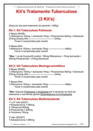 - - Vademecum do Interno de Medicina: “O manual de sobrevivência do interno” - -
- - Salvino e Soares - - -vademecumdointerno@gmail.com - 165 -
Kit’s Tratamento Tuberculose
(3 Kit’s)
(Dose por dia para tratamento de paciente > 50Kg)
Kit 1: Kit Tuberculose Pulmonar
2 Meses (RHZE)
1) Rifampicina 150mg + Isoniazida 75mg + Pirazinamida 400mg + Etambutol
275mg (Coxcip-4®)-------------------------------------244cp
Tomar 4 comprimidos pela manhã
4 Meses (RH)
1-Rifampicina 150mg + Isoniazida 75mg -----------------------488cp
Tomar 4 comprimidos pela manhã
*Obs: 1 cp de Coxcip-4® contém: 150mg Rifampicina + 75mg Isoniazida +
400mg Pirazinamida + 275mg Etambutol
Kit 2: Kit Tuberculose Meningo-encefálica
2 Meses (RHZE)
1) Rifampicina 150mg + Isoniazida 75mg + Pirazinamida 400mg + Etambutol
275mg (Coxcip-4®)-------------------------------------244cp
Tomar 4 comprimidos pela manhã
7 Meses (RH):
1-Rifampicina 150mg + Isoniazida 75mg -----------------------488cp
Tomar 4 comprimidos pela manhã
*Obs: Associar Prednisona 1-2mg/kg/dia por 4 semanas no início do
tratamento e nas formas graves Dexametasona 0,3-0,4mg/kg/dia
Kit 3: Kit Tuberculose Multirresistente
1º e 2º mês (SOZT):
1-Estreptomicina 1.000mg
2- Ofloxacina 800mg
3-Pirazinamida 1.600mg
4-Terizidona 750mg
3°mês (SEOZT):
1-Estreptomicina 1.000mg
 