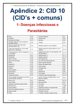 - - Vademecum do Interno de Medicina: “O manual de sobrevivência do interno” - -
- - Salvino e Soares - - -vademecumdointerno@gmail.com - 187 -
Apêndice 2: CID 10
(CID’s + comuns)
1- Doenças infecciosas e
Parasitárias
 