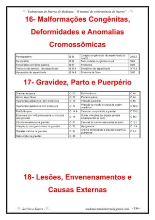 - - Vademecum do Interno de Medicina: “O manual de sobrevivência do interno” - -
- - Salvino e Soares - - -vademecumdointerno@gmail.com - 194 -
16- Malformações Congênitas,
Deformidades e Anomalias
Cromossômicas
17- Gravidez, Parto e Puerpério
18- Lesões, Envenenamentos e
Causas Externas
 