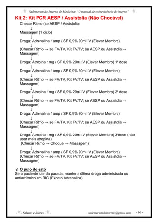 - - Vademecum do Interno de Medicina: “O manual de sobrevivência do interno” - -
- - Salvino e Soares - - -vademecumdointerno@gmail.com - 66 -
Kit 2: Kit PCR AESP / Assistolia (Não Chocável)
Checar Ritmo (se AESP / Assistolia)
↓
Massagem (1 ciclo)
↓
Droga: Adrenalina 1amp / SF 0,9% 20ml IV (Elevar Membro)
↓
(Checar Ritmo → se FV/TV, Kit FV/TV; se AESP ou Assistolia →
Massagem)
↓
Droga: Atropina 1mg / SF 0,9% 20ml IV (Elevar Membro) 1ª dose
↓
Droga: Adrenalina 1amp / SF 0,9% 20ml IV (Elevar Membro)
↓
(Checar Ritmo → se FV/TV, Kit FV/TV; se AESP ou Assistolia →
Massagem)
↓
Droga: Atropina 1mg / SF 0,9% 20ml IV (Elevar Membro) 2ª dose
↓
(Checar Ritmo → se FV/TV, Kit FV/TV; se AESP ou Assistolia →
Massagem)
↓
Droga: Adrenalina 1amp / SF 0,9% 20ml IV (Elevar Membro)
↓
(Checar Ritmo → se FV/TV, Kit FV/TV; se AESP ou Assistolia →
Massagem)
↓
Droga: Atropina 1mg / SF 0,9% 20ml IV (Elevar Membro) 3ªdose (não
usar mais atropina)
(Checar Ritmo → Choque → Massagem)
↓
Droga: Adrenalina 1amp / SF 0,9% 20ml IV (Elevar Membro)
(Checar Ritmo → se FV/TV, Kit FV/TV; se AESP ou Assistolia →
Massagem)
O pulo do gato
Se o paciente sair da parada, manter a última droga administrada ou
antiarrítmico em BIC (Exceto Adrenalina)
 