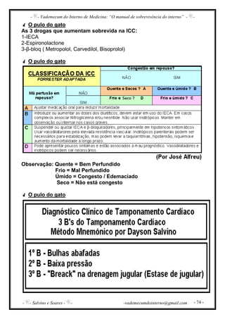 - - Vademecum do Interno de Medicina: “O manual de sobrevivência do interno” - -
- - Salvino e Soares - - -vademecumdointerno@gmail.com - 74 -
O pulo do gato
As 3 drogas que aumentam sobrevida na ICC:
1-IECA
2-Espironolactone
3-β-bloq ( Metropolol, Carvedilol, Bisoprolol)
O pulo do gato
Observação: Quente = Bem Perfundido
Frio = Mal Perfundido
Úmido = Congesto / Edemaciado
Seco = Não está congesto
O pulo do gato
 