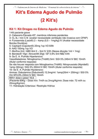 - - Vademecum do Interno de Medicina: “O manual de sobrevivência do interno” - -
- - Salvino e Soares - - -vademecumdointerno@gmail.com - 78 -
Kit’s Edema Agudo de Pulmão
(2 Kit’s)
Kit 1: Kit Drogas no Edema Agudo de Pulmão
1-Kit paciente grave
2- Cabeceira Elevada 45º, membros inferiores pendentes
3- O2 3L / min C.N (avaliar necessidade ventilação não invasiva com CPAP)
4- Furosemida (Lasix®) 2 – 4amp (0,5 – 1mg/kg) IV (Avaliar necessidade
Bomba Diurética)
5- Captopril (Capoten®) 25mg 1cp VO 8/8h
6- AAS 100mg 1cp VO
7- Morfina 2ml / ABD 8ml 2 – 5ml IV 2/2h (Nessa diluição 1ml = 1mg)
8- Berotec® 10gt / Atrovent® 20gt / SF 0,9% 5ml NBZ 4/4h
9- Se E. A. Pulmão Hipertensivo:
Vasodilatadores: Nitroglicerina (Tridil®) 5ml / SGI 5% 245ml IV BIC 10ml/h
(titular conforme resposta)
Se não houver resposta com Nitroglicerina (Tridil®): Nitroprussiato (Nipride®)
1amp (50mg) / SGI 5% 250ml IV BIC 10ml/h (titular conforme resposta)
10- Se E. A. Pulmão Hipotensivo:
Aminas: Dobutamina (Dobutrex®) 12,5mg/ml: 1amp(20ml = 250mg) / SGI 5%
OU SF0,9% 230ml IV BIC 10ml/h
Ml/h= dose x peso/ 16,6
(Paciente 60Kg – Dose mín: 7ml/h ou 2mcg/Kg/min; Dose máx: 72 ml/h ou
20mcg/Kg/min)
11- Hidratação Criteriosa / Restrição Hídrica
 