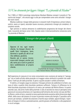 3.5 Uno strumento per leggere i bisogni: “La piramide di Maslow”
Tra il 1943 e il 1954 lo psicologo statunitense Abraham Maslow concepì il concetto di "Ge-
rarchia dei bisogni”, che ancora oggi è utile per comprendere come sono articolati i bisogni
dei nostri clienti.
   Maslow suddivise i bisogni della persona in crescenti livelli d’importanza: primari (cibarsi,
vestirsi, avere un riparo), secondari (avere sicurezza, protezione) e bisogni più complessi, di
carattere sociale.
   Ogni persona si realizza attraverso la soddisfazione progressiva dei bisogni dei diversi
stadi, muovendo dal basso verso l’alto. Questa scala è internazionalmente conosciuta come
"La piramide di Maslow".

                          I bisogni dei propri clienti

   Ognuno di noi, ogni nostro
                                                                 BISOGNO
   cliente, ha bisogni diversi: da                         DI AUTOREALIZZAZIONE
   quelli fisici (mangiare, bere,
   dormire) a quelli più alti di ve-                          BISOGNI DI STIMA
   rità, bellezza, giustizia.
                                                         BISOGNI DI APPARTENENZA
   Quanto più si sanno ricono-
   scere tutti i bisogni, anche i più                      BISOGNI DI SICUREZZA
   alti, tanto più si sarà in grado di
                                                             BISOGNI FISIOLOGICI
   dare soddisfazione al proprio
   cliente.
                                               La piramide dei bisogni di Maslow (1954)
                                            Fonte: Abraham Maslow, Motivazione e personalità, 1954


Nell’esperienza di ciascuno di noi come consumatore sono numerosi gli esempi di “passag-
gio” da un livello all’altro della piramide e di maggior valore attribuito ai prodotti che soddi-
sfano i livelli più alti della piramide. Si pensi a quanto accade in ambito alimentare.
    Il mattino, al risveglio segue la colazione. Il bisogno primario da soddisfare è la fame: una
tazza di latte e qualche fetta biscottata sembrano sufficienti. Tuttavia c’è differenza tra le
fette biscottate acquistate al discount e di marca, per esempio del Mulino Bianco. In questo
secondo caso, dal primo livello della piramide si sale al secondo (la marca è percepita come
garanzia di sicurezza alimentare e di rispondenza dell’alimento alle norme); nel caso del Muli-
no Bianco, anche al terzo, essendo la marca particolarmente evocativa della dimensione degli
affetti, della casa e del piacere di iniziare la giornata insieme alla famiglia. È possibile salire
ancora: per esempio, i prodotti da colazione a marchio equo-solidale, oppure biologici, rispon-
dono al bisogno di stima e autorealizzazione, perché giovano all’ambiente o alle popolazioni
in via di sviluppo.

                                                21
 