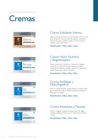Cremas
C R E M A S C O R P O R A L E S
Crema Exfoliante Intensa
Activos: Carozo de durazno y rosa mosqueta. Modo de uso:
Ideal exfoliación corporal, antes de cualquier tratamiento.
Elimina impurezas y células muertas. La rosa mosqueta
colabora como antioxidante
Presentaciones: 1000grs, 500grs, 250grs.
Crema Hidro Nutritiva
y Regeneradora
Activos: Hialurónico, Vitamina A, Vitamina E, Colágeno.
Modo de uso: Ideal nal de todo tratamiento. Aporta
hidratación, emoliencia, suavidad, ayuda en la regeneración
celular. Óptima para apoyo domiciliario..
Presentaciones: 1000grs, 500grs, 250grs.
1 1 l i b r a c o s m e t i c a . c o m . a r
Crema Antifatiga y
Descongestiva
Activos: Castaña de Indias, Gingko Biloba y Centella. Modo
de uso: Drenaje Linfático. Mejora la circulación periférica.
Ideal piernas cansadas.
Presentaciones: 1000grs, 500grs, 250grs.
Crema Antiestrías y Flacidez
Activos: Colágeno, Castaña de Indias, Aloe Vera, Algas,
Centella, Caléndula. Modo de uso: Tratamiento de estrías
rosadas.
Presentaciones: 1000grs, 500grs, 250grs.
Cont. Neto 500 grs
Industria Argentina
CREMA CORPORAL
ANTIESTRÍAS
y ANTIFLACIDEZ
Para Glúteos, Abdomen, Busto y Brazos
Con Colágeno, Centella Asiática, Aloe Vera, Castañas de Indias, Caléndula,
Ortiga y Algas Fucus.
U S O P R O F E S I O N A L Ú N I C A M E N T E
Cont. Neto 490 grs
Industria Argentina
U S O P R O F E S I O N A L Ú N I C A M E N T E
CREMA CORPORAL
Con Castañas de Indias,
Centella Asiática y Ginkgo Biloba.
Ayuda a Mejorar la Pesadez de las Piernas
Cont. Neto 490 grs
Industria Argentina
PIERNAS
PESADAS
Con Castañas de Indias,
Centella Asiática y Ginkgo Biloba.
Ayuda a Mejorar la Pesadez de las Piernas
 