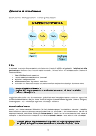 Google group: rappresentanti-regionali-2013@googlegroups.com
Fb group: Rappresentanza Nazionale Volontari Servizio Civile
www.rappresentanzasc.it
Pagina Fb: Rappresentanza nazionale volontari di Servizio Civile
Twitter: @RapprSCN
Strumenti di comunicazione
La comunicazione della Rappresentanza avviene in quattro direzioni:
Il Sito
Il principale strumento di comunicazione con i volontari, i media, il pubblico e i delegati è il sito internet della
Rappresentanza. Collegati al sito ci sono la pagina Facebook e l'account Twitter ufficiali. Aggiornarli di frequente è
fondamentale per:
• dare visibilità agli eventi organizzati
• comunicare ed informare i volontari interessati
• aggiornare i delegati regionali
• avere visibilità rispetto al pubblico e alla stampa
• mantenere una memoria storica dei documenti relativi alla Rappresentanza sempre disponibile online
I rappresentanti nazionali sono responsabili della gestione del sito e della pagina FB e ne custodiscono la password
assieme all'amministratore, che può essere anche un delegato o rappresentante regionale. Eventuali consigli su
come migliorare il sito e volontari per la gestione sono sempre benvenuti!
Comunicazione interna
Mentre il sito è pubblico e serve a comunicare con tutti: volontari, delegati, rappresentanti, stampa ecc., i rapporti
interni alla Rappresentanza sono normalmente gestiti per via telefonica e, più frequentemente, via mail. Al
momento i nazionali si avvalgono del servizio Google Groups di Google con cui sono state create delle specie di
mailing list a cui aderiscono tutti i delegati. È anche attivo un gruppo Facebook chiuso, aperto cioè ai soli delegati.
16
 