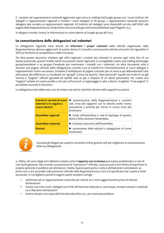 È compito dei rappresentanti nazionali aggiornare ogni anno la mailing list/Google group con i nuovi indirizzi dei
delegati e rappresentanti regionali e invitare i nuovi delegati al FB group. I rappresentanti nazionali possono
delegare tale compito ai rappresentanti regionali. Gli indirizzi dei delegati sono disponibili sul sito dell'UNSC alla
pagina della Rappresentanza: (http://www.serviziocivile.gov.it/Contenuti/Default.aspx?PageID=25 ).
In allegato trovate, invece, le informazioni su come aderire al Google group del 2013.
La comunicazione delle delegazioni coi volontari
Le delegazioni regionali sono tenute ad informare i propri volontari delle attività organizzate dalla
Rappresentanza, devono aggiornarli di quanto deciso in Consulta e promuovere attività ed eventi che riguardino il
SCN sul territorio di competenza o nelle vicinanze.
Per fare questo dovranno chiedere agli uffici regionali i contatti dei volontari in servizio ogni volta che c'è un
bando (nazionale, grandi invalidi, bandi eccezionali, bandi regionali). È consigliabile creare una mailing list/Google
group/newsletter e un gruppo Facebook per mantenere i contatti con i volontari. Un altro strumento utile è
attivare una pagina ufficiale della delegazione, avendo cura di trasferirne l'amministrazione ai nuovi delegati e
rappresentanti l'anno successivo. Evitiamo il moltiplicarsi di pagine costruite per un anno e poi abbandonate! Fate
attenzione alla differenza su Facebook tra “gruppi” (chiusi ed aperti), “diari personali” (quelli che molti di voi già
hanno) e “pagine” ufficiali (gestibili ed apribili solo se già si dispone di un diario personale). Per creare una
“pagina” andate sul vostro profilo e cliccate sull'icona di un ingranaggio in alto a destra. Scegliete “Crea pagina” e
procedete secondo le istruzioni.
La delegazione dovrebbe aver cura di inviare una mail ai volontari almeno nelle seguenti occasioni:
Entrata in servizio di nuovi
volontari o in seguito a
nuove elezioni
► presentazione della Rappresentanza e contatti
utili, invio del rapporto con le attività svolte l'anno
precedente e priorità per l'anno in corso; invio del
prontuario
Assemblee regionali ► invito all'Assemblea e mail di riepilogo di quanto
detto e fatto durante l'Assemblea.
Assemblea nazionale ► richiesta resoconto dell'Assemblea
Elezioni ► promozione delle elezioni e spiegazione di come
funzionano
Consulta gli allegati per scoprire strumenti online gratuiti utili per migliorare la comunicazione
della tua delegazione.
4. Infine, nel corso degli anni abbiamo notato come il rapporto con la stampa può essere problematico e non di
così facile gestione. Non avendo una posizione di “portavoce” ufficiale, ciascuno può e ha il diritto di esprimere la
propria opinione in pubblico e/o attraverso i media. Questo però porta a volte a dichiarazioni contrastanti, se
prima non ci si è accordati sulla posizione ufficiale della Rappresentanza o non si è specificato che si parla a titolo
personale. Vi consigliamo quindi di seguire questi semplici consigli:
• telefonare ad un rappresentante nazionale per sentire se ci sono aggiornamenti prima di rilasciar
dichiarazioni
• inviare una mail a tutti i delegati con il link all'intervista rilasciata e, comunque, avvisare sempre i nazionali
se si rilasciano dichiarazioni
• tenere sempre una copia dell'articolo/video/foto ecc. per eventuali problemi
17
 
