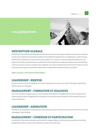 Audit de Culture

5

COLLABORATEURS

DESCRIPTION GLOBALE
L’objectif principal réside dans le développement des personnes, pour ce les moyens employés sont axés sur la cohésion
sociale, dans une démarche participative impliquant l’ensemble des employés. Pour les collaborateurs, le bien-être des
membres de l’entreprise est au cœur de leurs préoccupations. Il en ressort un sentiment de grande famille où un bon
leader est un leader qui prend soin de ses subordonnés. Un bon objectif est un objectif partagé par tous et les décisions
se font par consensus, chacun a quelque chose à apporter. Ceci a pour conséquence de mettre tout le monde en accord,
ce qui permet d’accorder une autonomie importante aux collaborateurs dans leurs tâches au quotidien.

Valeurs associées : Universalisme et Bienveillance.

LEADERSHIP : MENTOR
Le plus souvent une personne d’expérience, le mentor apprécie de transmettre son savoir et fait figure d’expert et de
référence pour ses coéquipiers.

MANAGEMENT : FORMATION ET DIALOGUE
Il y a un fort sentiment d’appartenance au sein de l’équipe dans laquelle un management de soutien est apprécié. On
se préoccupe de la bonne intégration de ses coéquipiers et on prend le temps d’expliquer et de comprendre pour que
chacun s’épanouisse.

LEADERSHIP : ANIMATEUR
L’animateur est principalement préoccupé par la dynamique du groupe. Plus que la transmission de son savoir, il cherche
à développer l’esprit d’équipe.

MANAGEMENT : COHÉSION ET PARTICIPATION
La proximité et l’harmonie du groupe est primordiale, le manager adapte son rythme pour que personne ne soit isolé.
L’équipe doit être liée, et chacun doit contribuer aux actions et aux décisions.

 