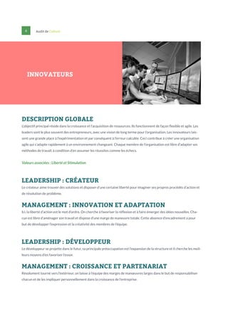 6

Audit de Culture

INNOVATEURS

DESCRIPTION GLOBALE
L’objectif principal réside dans la croissance et l’acquisition de ressources. Ils fonctionnent de façon flexible et agile. Les
leaders sont le plus souvent des entrepreneurs, avec une vision de long terme pour l’organisation. Les innovateurs laissent une grande place à l’expérimentation et par conséquent à l’erreur calculée. Ceci contribue à créer une organisation
agile qui s’adapte rapidement à un environnement changeant. Chaque membre de l’organisation est libre d’adapter ses
méthodes de travail, à condition d’en assumer les réussites comme les échecs.

Valeurs associées : Liberté et Stimulation

LEADERSHIP : CRÉATEUR
Le créateur aime trouver des solutions et disposer d’une certaine liberté pour imaginer ses propres procédés d’action et
de résolution de problème.

MANAGEMENT : INNOVATION ET ADAPTATION
Ici, la liberté d’action est le mot d’ordre. On cherche à favoriser la réflexion et à faire émerger des idées nouvelles. Chacun est libre d’aménager son travail et dispose d’une marge de maneuvre totale. Cette absence d’encadrement a pour
but de développer l’expression et la créativité des membres de l’équipe.

LEADERSHIP : DÉVELOPPEUR
Le développeur se projette dans le futur, sa principale préoccupation est l’expansion de la structure et il cherche les meilleurs moyens d’en favoriser l’essor.

MANAGEMENT : CROISSANCE ET PARTENARIAT
Résolument tourné vers l’extérieur, on laisse à l’équipe des marges de manœuvres larges dans le but de responsabiliser
chacun et de les impliquer personnellement dans la croissance de l’entreprise.

 