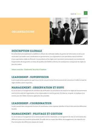 Audit de Culture

7

ORGANISATEURS

DESCRIPTION GLOBALE
Ils recherchent principalement la stabilité en utilisant des méthodes habiles de gestion de l’information et de la communication. Les leaders sont coordinateurs et gestionnaires. Les organisateurs sont spécialistes dans le maintien
d’une organisation stable et efficiente. Les procédures et les règles sont clairement communiquées aux membres de
l’organisation afin de garantir un niveau de qualité et de fiabilité uniforme. En conséquence, transgresser les règles ne
peut être toléré.

Valeurs associées : Conformité, Sécurité et Tradition

LEADERSHIP : SUPERVISEUR
La principale préoccupation du superviseur est de s’assurer du bon fonctionnement de la structure. Il veille à ce que les
règles établies soient respectées.

MANAGEMENT : OBSERVATION ET SUIVI
Ici, on est dans un management de contrôle et de vérification. Les procédures de travail et les règles de fonctionnement
sont la clé de voûte de l’organisation, et les responsables en sont les garants. On observe, on guide, on explique et on
oriente pour être fidèle à la bonne application des procédés.

LEADERSHIP : COORDINATEUR
Le plus souvent dans une grande structure, le coordinateur aime organiser, planifier et faire le lien entre les différentes
équipes.

MANAGEMENT : PILOTAGE ET GESTION
Ici, on est dans un management où la communication est très importante, un management de relai où l’articulation des
différents acteurs du travail est primordiale. On veille ainsi au respect des délais, des engagements, des objectifs et à
l’harmonisation des différentes équipes de travail.

 