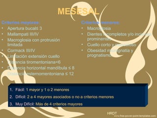 MESESAL
Criterios mayores:
• Apertura bucal≤ 3
• Mallampati III/IV
• Macroglosia con protrusión
limitada
• Cormack III/IV
• Limitación extensión cuello
• Distancia tiromentoniana<6
• Distancia horizontal mandíbula ≤ 8
• Distancia esternomentoniana ≤ 12
Criterios menores:
• Macroglosia
• Dientes incompletos y/o incisivos
prominentes
• Cuello corto y musculoso
• Obesidad micrognatia y
prognatismo.
1. Fácil: 1 mayor y 1 o 2 menores
2. Difícil: 2 a 4 mayores asociados o no a criterios menores
3. Muy Difícil: Más de 4 criterios mayores
HRDT
 