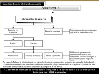 En caso de fallo en la intubación de un paciente despierto, propone tres actuaciones: cancelar la intubación,
considerar otras opciones (anestesia mediante mascarilla o bajo anestesia local o regional o intubación tras
inducción anestésica) o practicar un acceso quirúrgico a la vía aérea
 