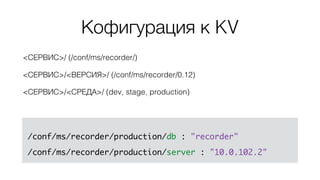 <СЕРВИС>/ (/conf/ms/recorder/)
<СЕРВИС>/<ВЕРСИЯ>/ (/conf/ms/recorder/0.12)
<СЕРВИС>/<СРЕДА>/ (dev, stage, production)
/conf/ms/recorder/production/db : "recorder"
/conf/ms/recorder/production/server : "10.0.102.2"
Кофигурация к KV
 