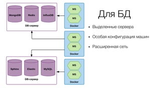 Для БД
• Выделенные сервера
• Особая конфигурация машин
• Расширенная сеть
 