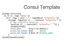Consul Template
{{range services}}
{{ if in .Tags "demo" }}
{{if .Tags | join "," | regexMatch "urlprefix-"}}
{{range .Tags}}{{ if . | contains "urlprefix-" }}
# Tag: urlprefix-/playlist
location {{. | replaceAll "urlprefix-" ""}} {
{{end}}{{end}}
proxy_pass http://{{.Name}}/;
proxy_set_header Host $host;
proxy_set_header X-Real-IP $remote_addr;
}
{{end}}{{end}}{{end}}
 