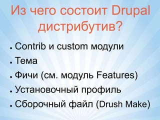 Из чего состоит Drupal
    дистрибутив?
● Contrib и сustom модули
● Тема


● Фичи (см. модуль Features)


● Установочный профиль


● Сборочный файл (Drush Make)
 