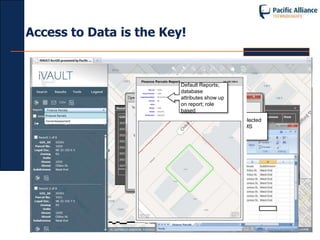 Access to Data is the Key!



                         Default Reports;
                         database
                         attributes show up
                         on report; role
                         based
                                              Open selected
                                              data in MS
                                              Excel
                                                       Export to a table
                                                       Grid View
 